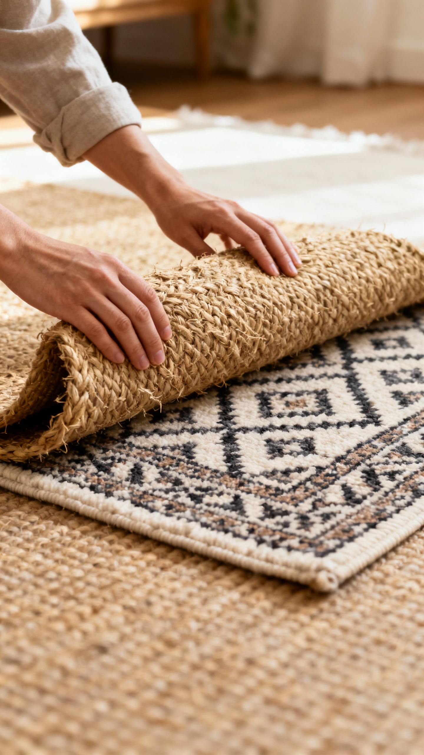 Hands layering jute rug under smaller patterned wool rug