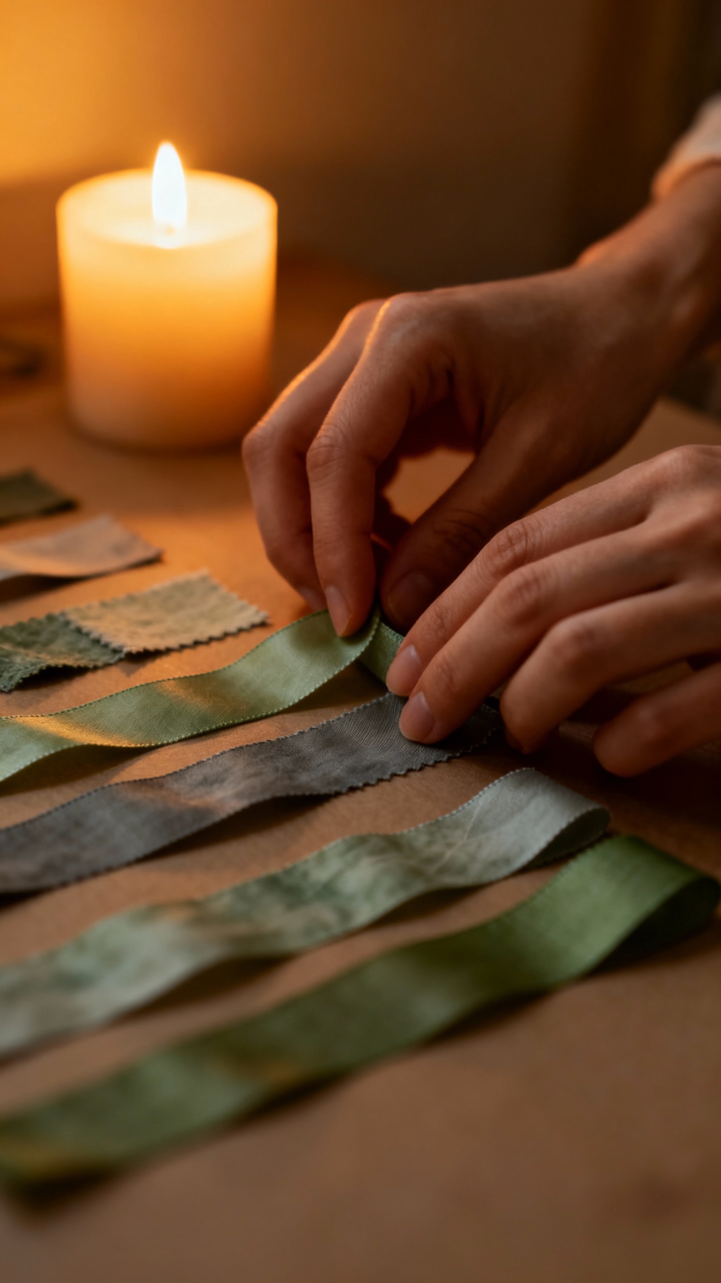 Hands placing sage ribbon swatches under warm candlelight