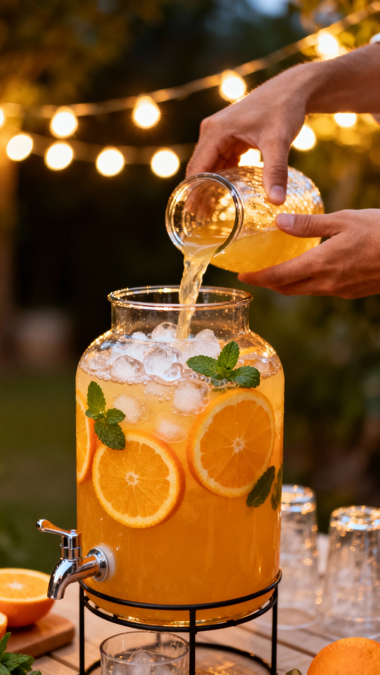 Hands pouring citrus punch into glass dispenser, floating orange slices, mint, ice, warm string ligh