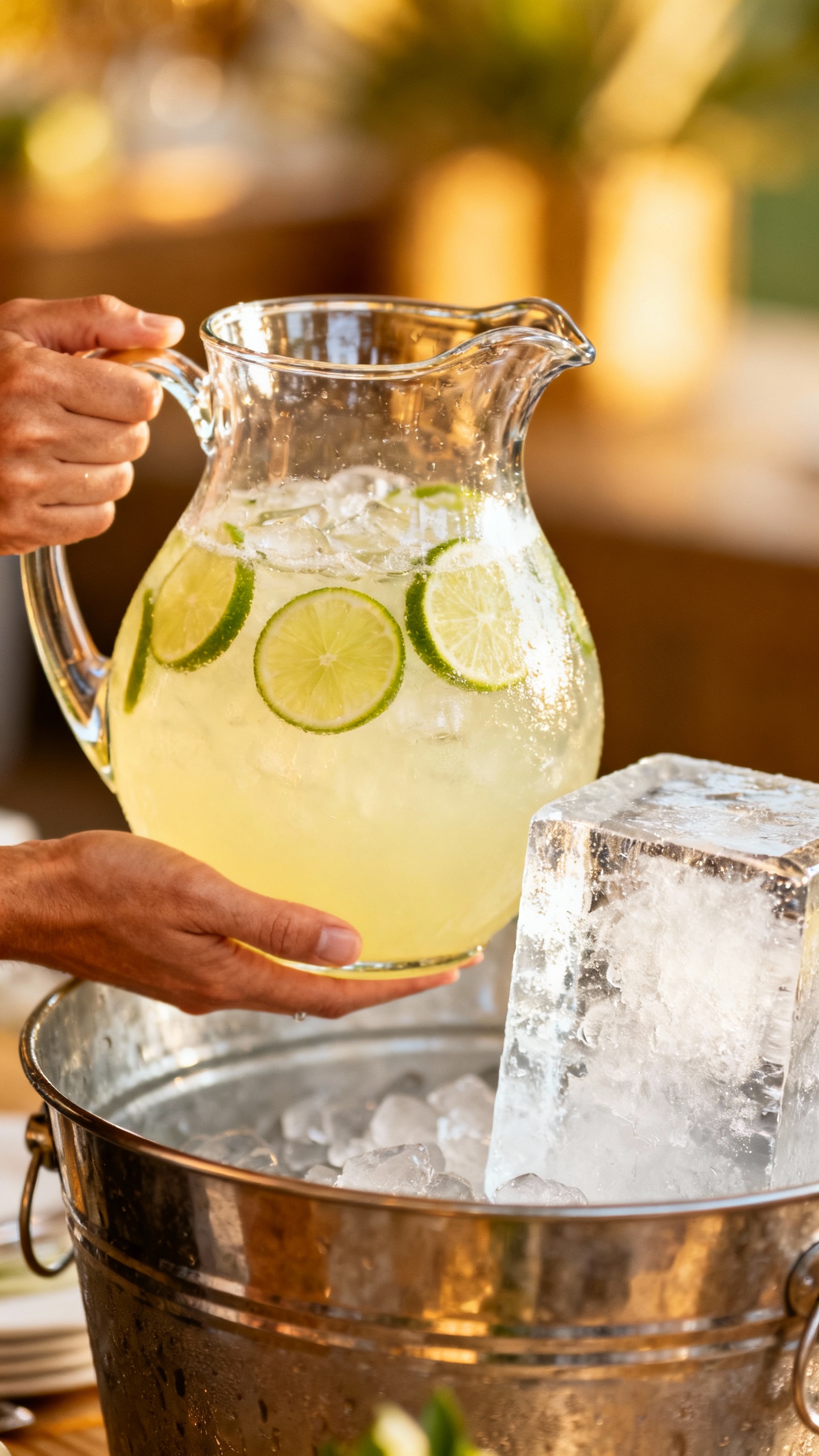Hands setting self-serve drink station: clear pitcher margaritas with lime slices, large ice block i