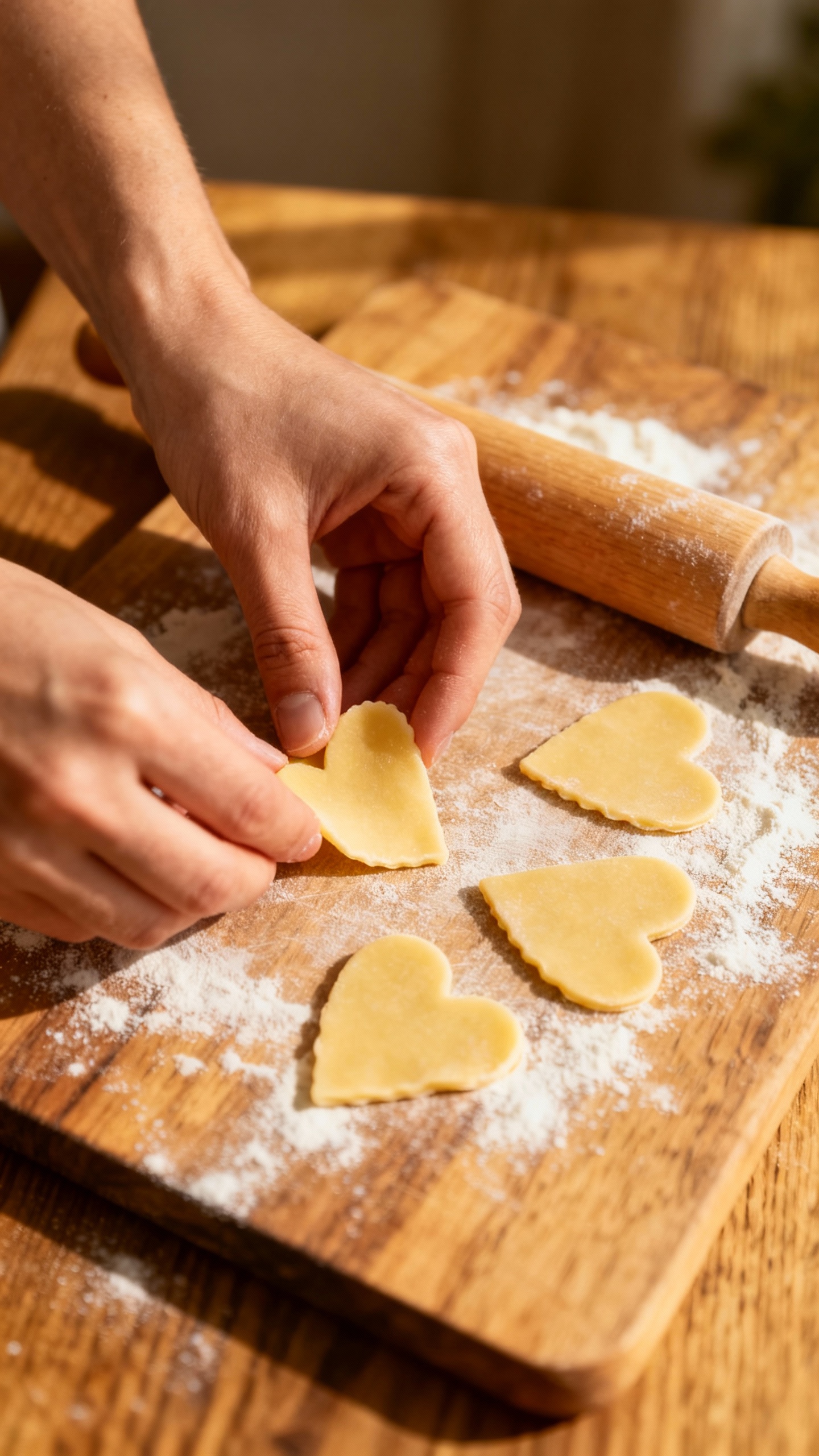 Hands shaping heart-shaped pasta on floured wooden board, rolling pin
