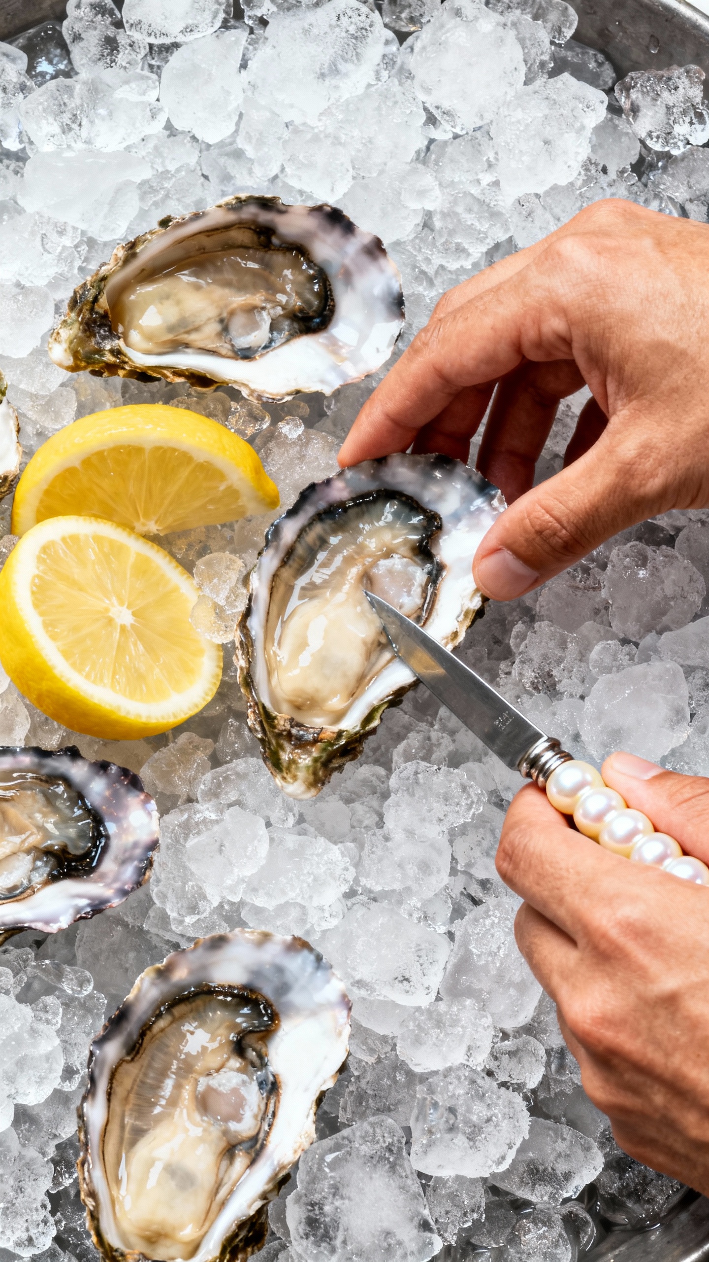 Hands shucking oysters on crushed ice, lemon wedges, pearl-handled knife