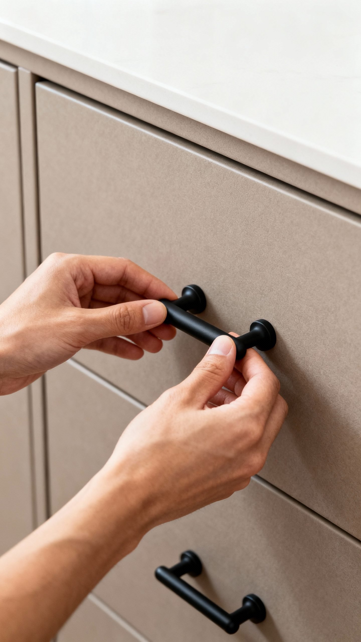 Hands swapping matte black cabinet pulls on greige drawer