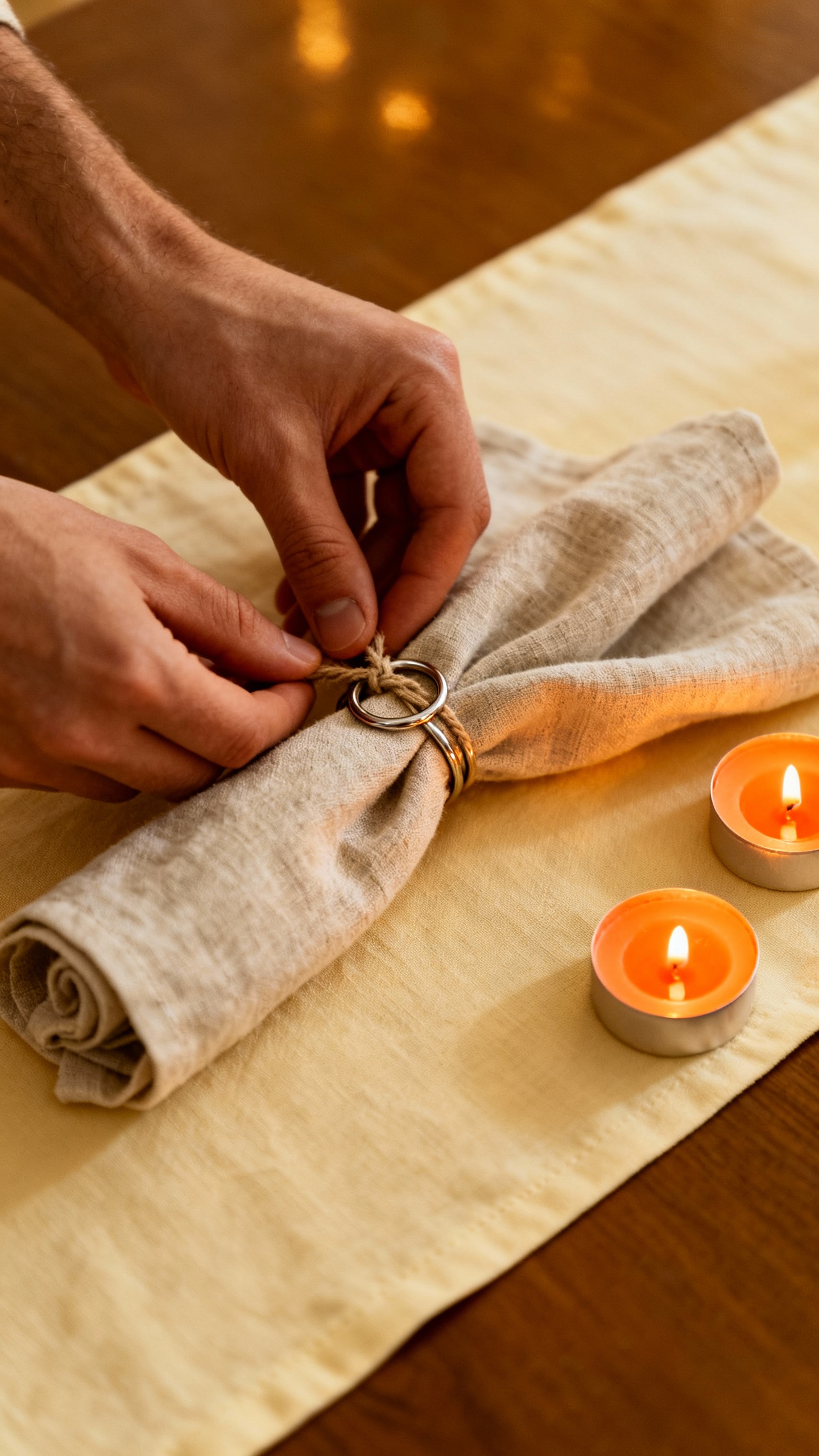 Hands tying linen napkins with rings on runner, tea lights glowing