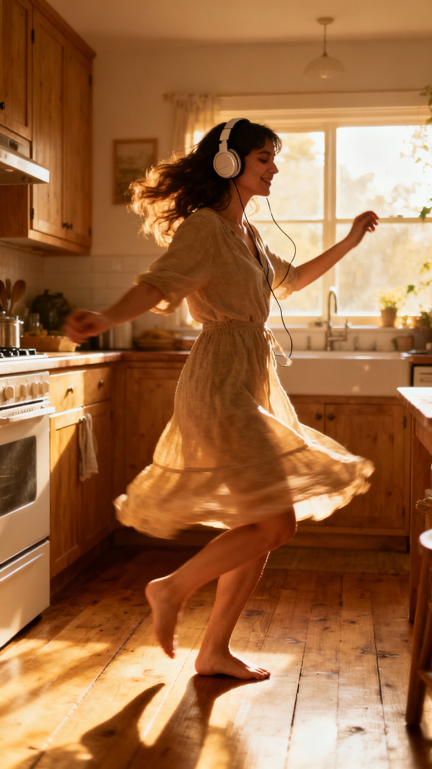 Kitchen dance scene, barefoot woman mid-twirl, headphones on, warm morning light, wooden floorboards