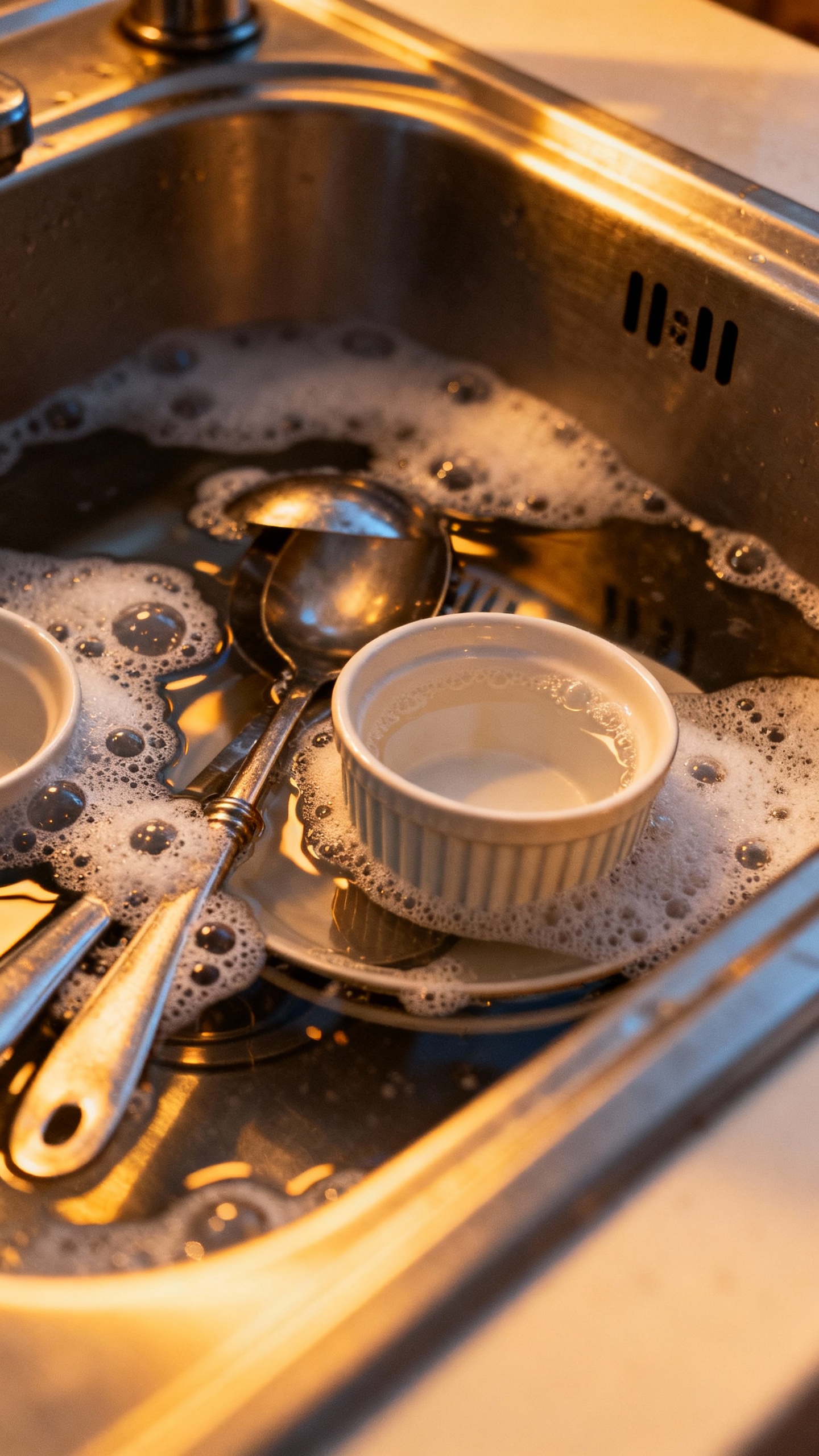 Kitchen sink with soapy water bath, submerged utensils and ramekins, sudsy bubbles, stainless steel 