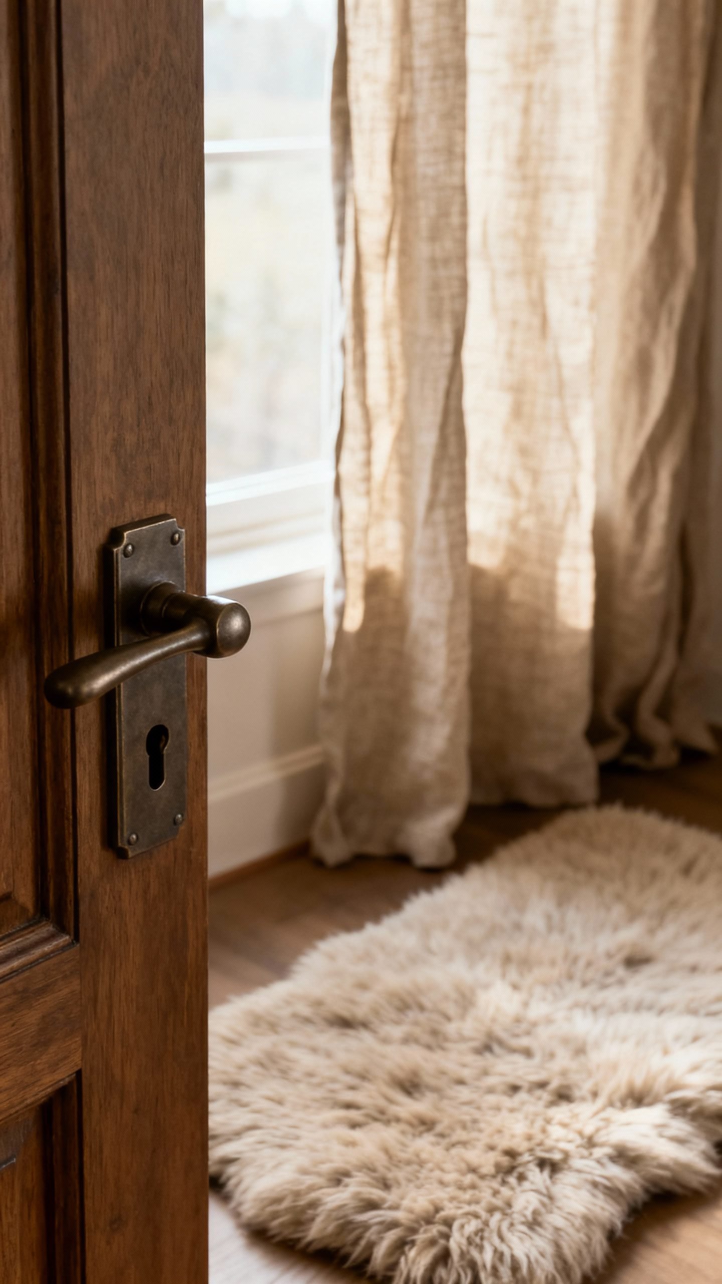 Linen curtains and wool rug beside weighty door handle