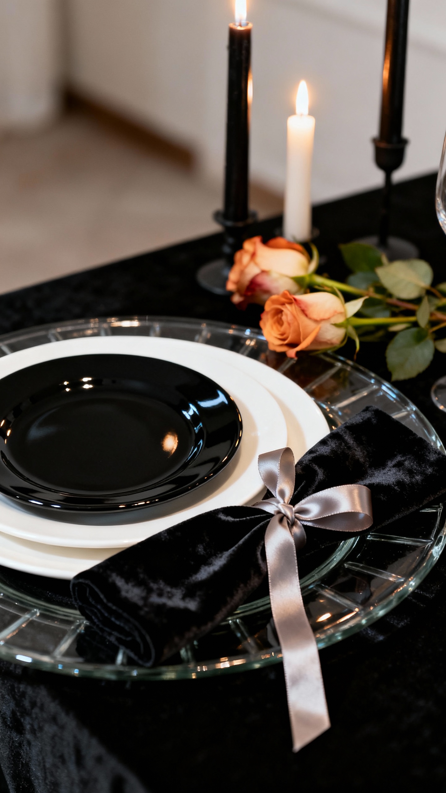 Low-angle tablescape detail: black and ivory plates on glass charger, velvet napkin with satin ribbo