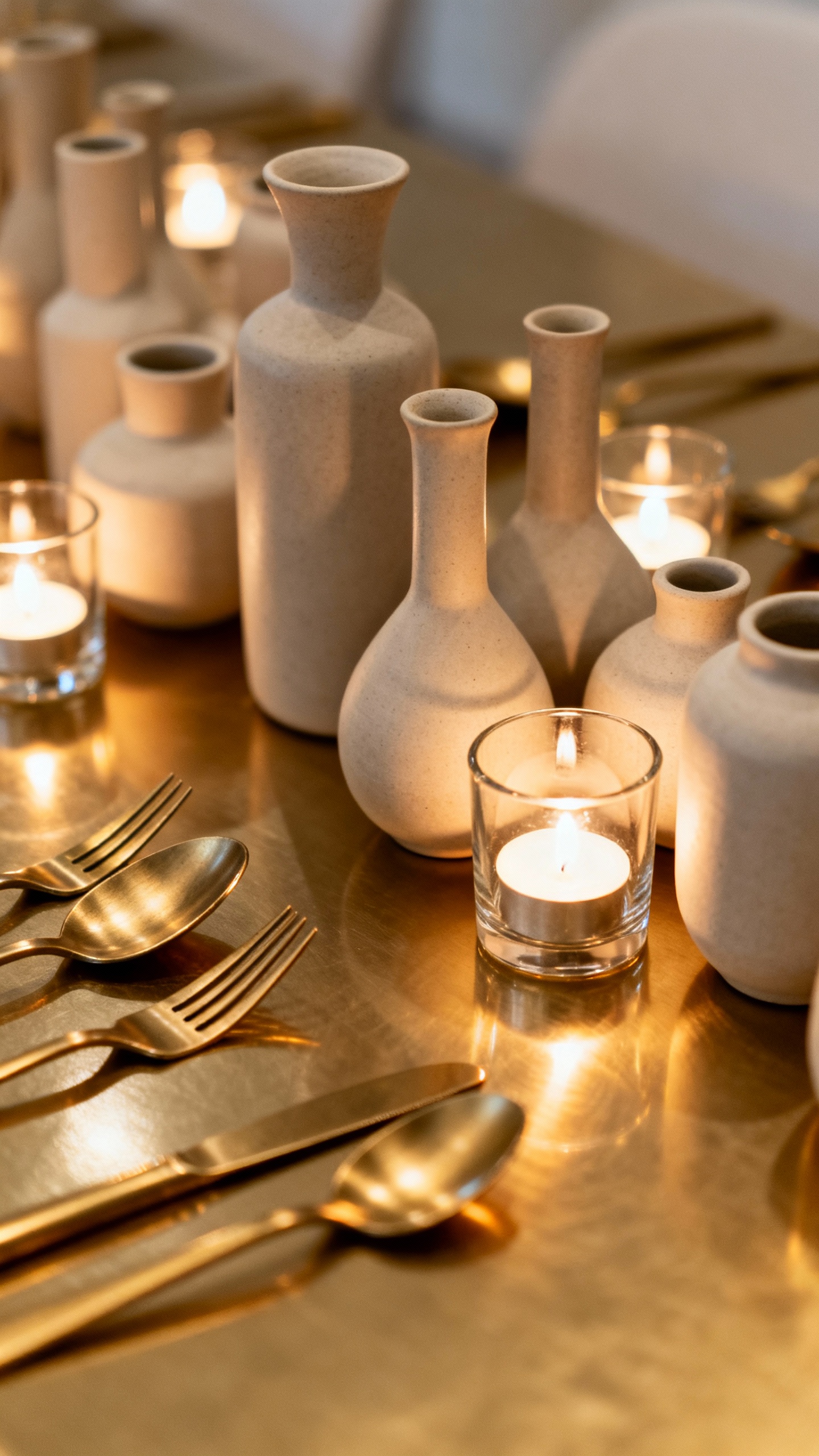 Low centerpiece: clusters small vases, tea lights, brushed brass flatware