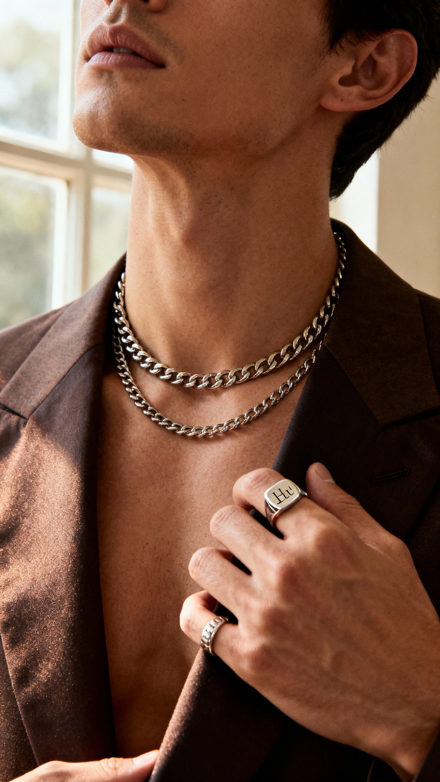 Male layered chains and signet ring adjusting blazer, window light