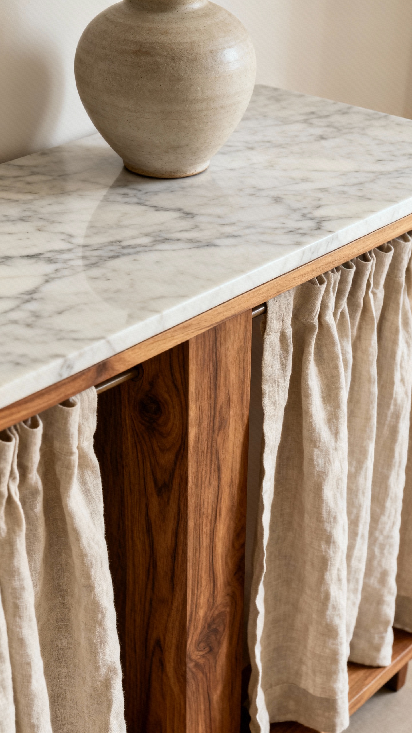 Marble-topped wood console with linen drapes, ceramic vase