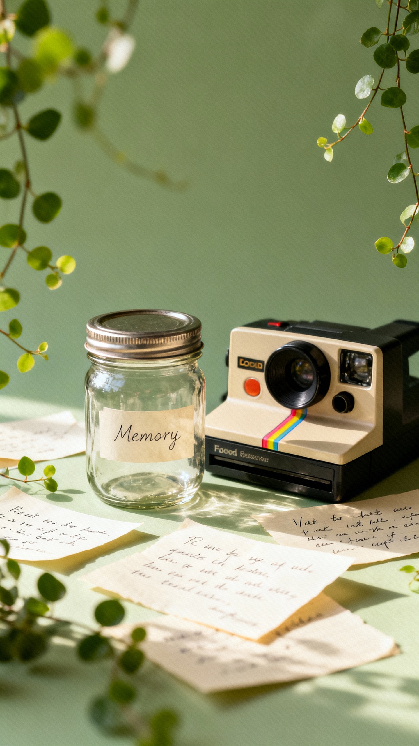 Memory jar with handwritten notes beside Polaroid camera, soft greenery