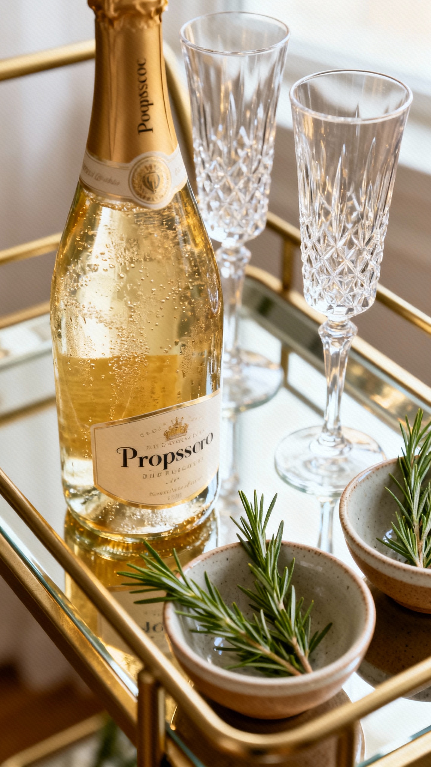Mini bar cart tray with Prosecco, two stemware glasses, rosemary garnish bowls