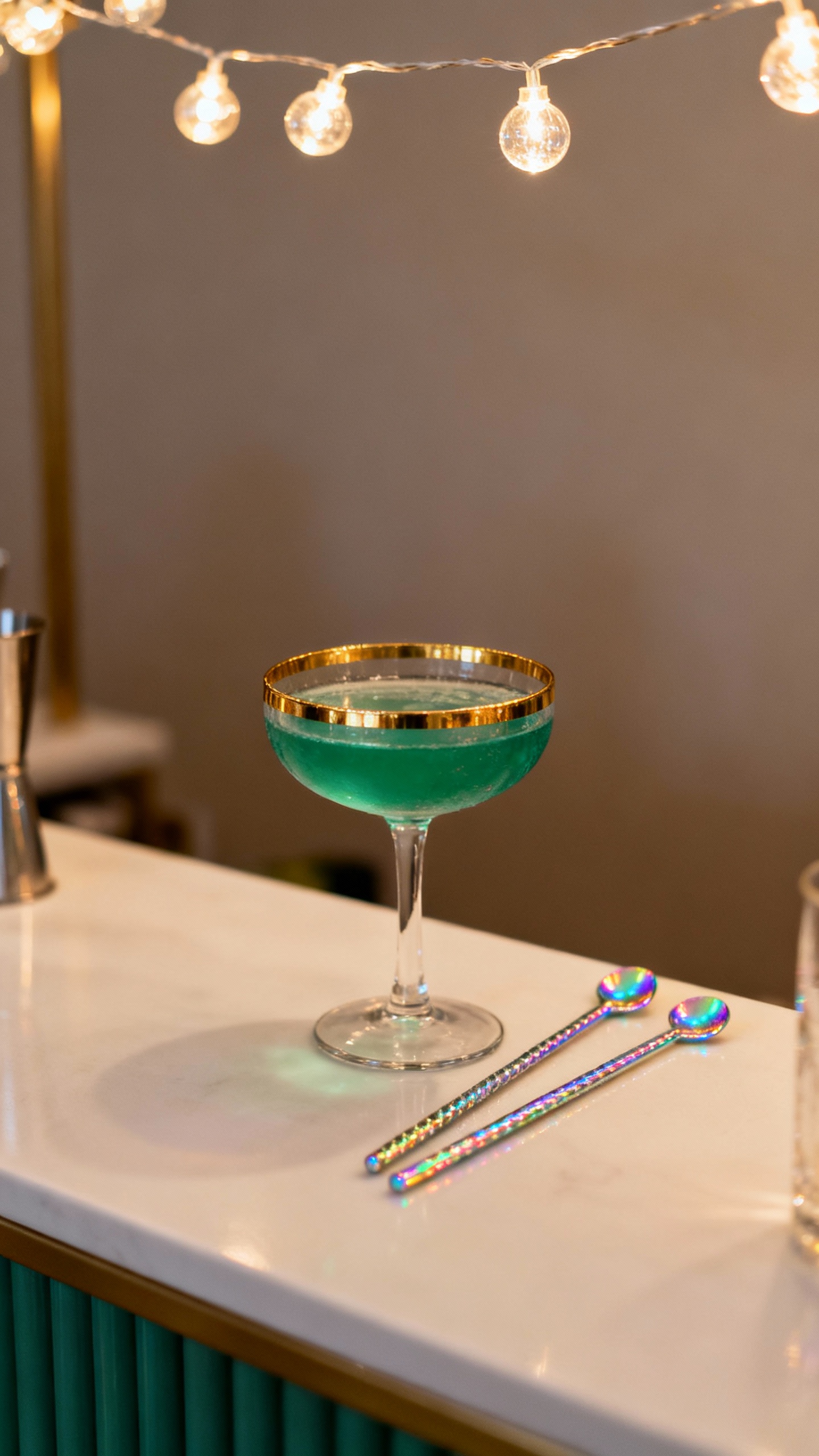 Minimalist drink station: iridescent stirrers, emerald cocktail, gold-rim glass, soft string lights