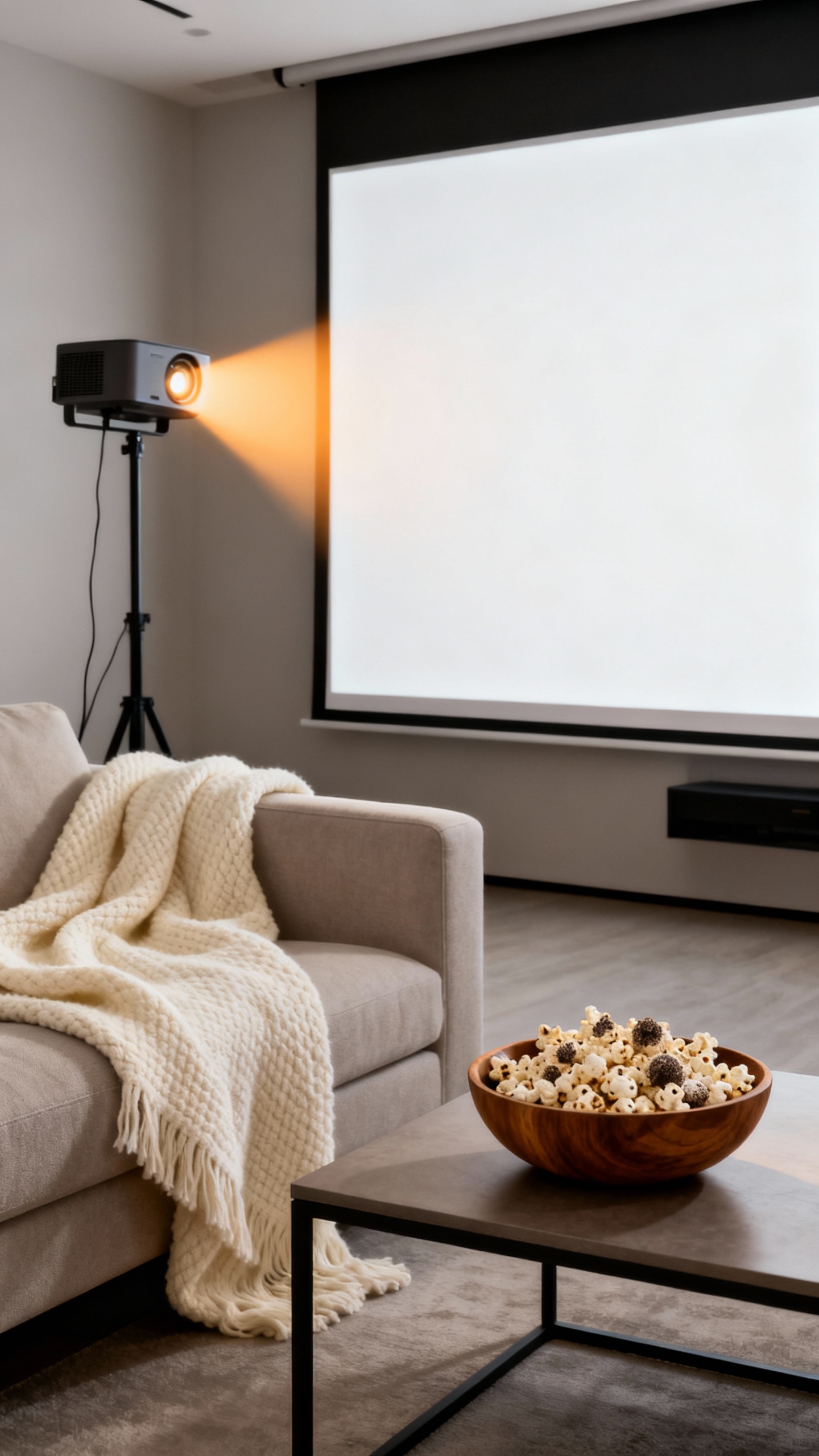 Minimalist home theater scene: projector glow, wool blankets, truffle popcorn bowl