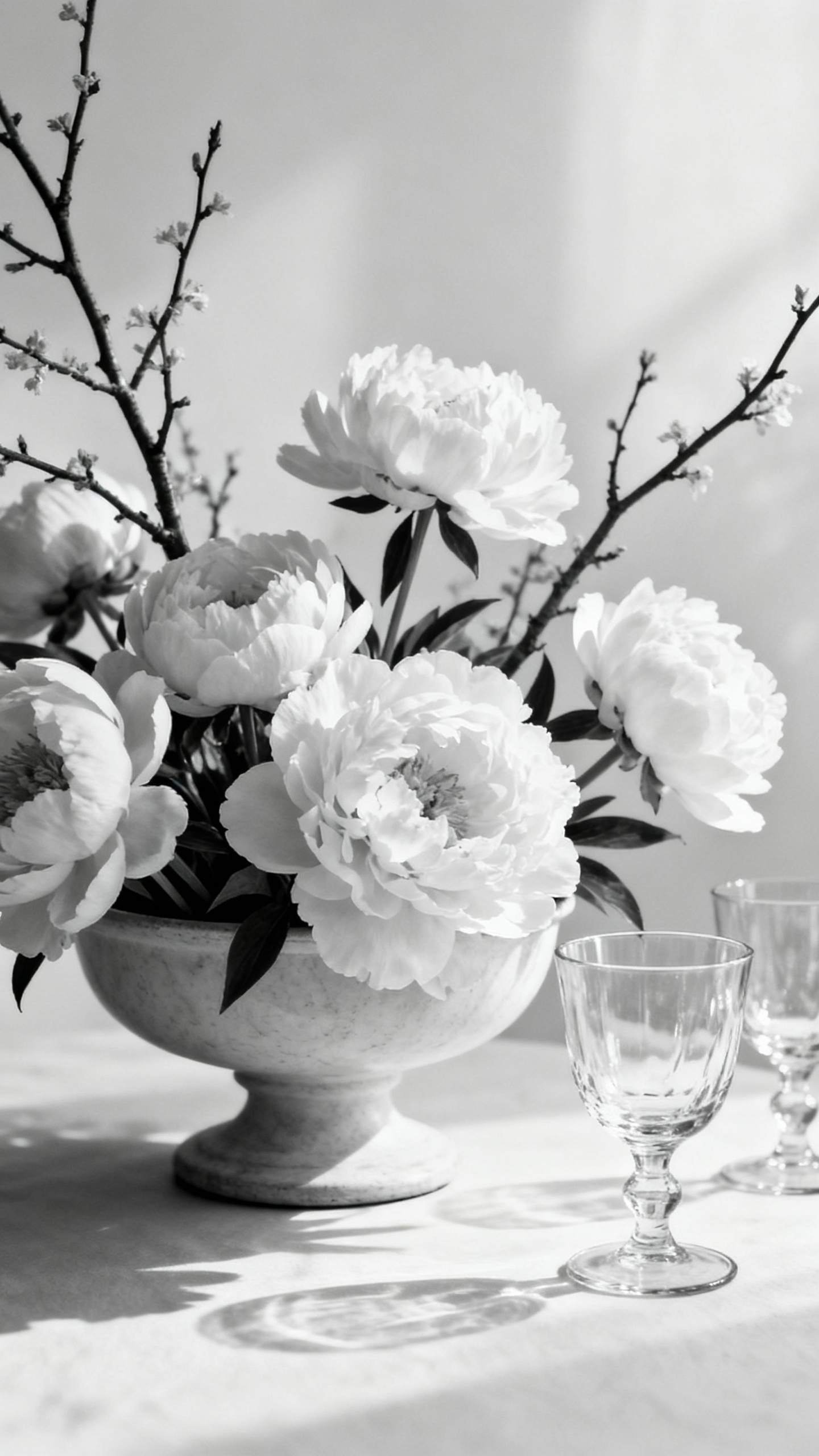 Monochrome white peonies in low compote, mixed heights with branches, real glassware nearby