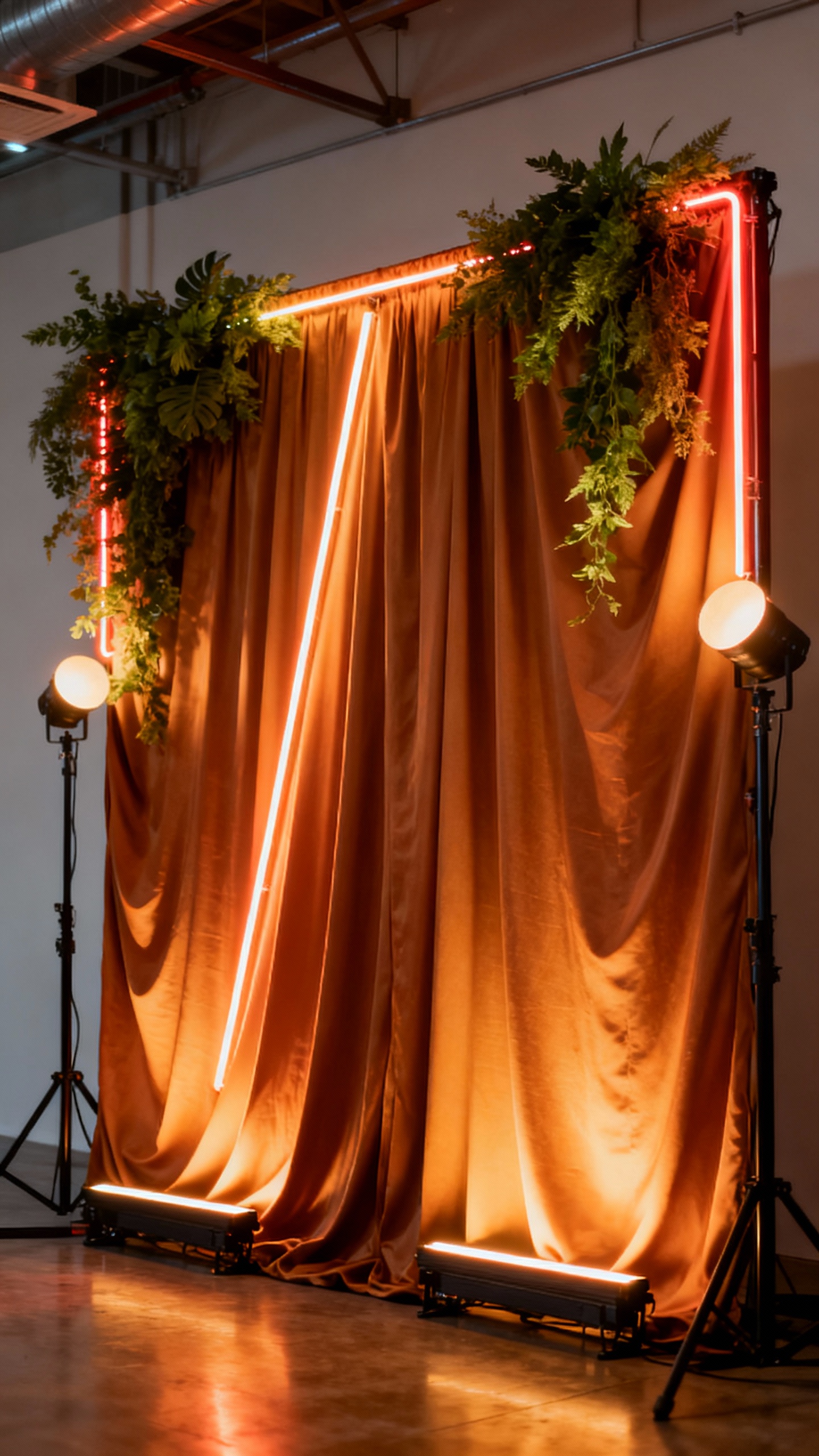 Neon-lit fabric drape backdrop with LED uplights, soft amber, faux greenery
