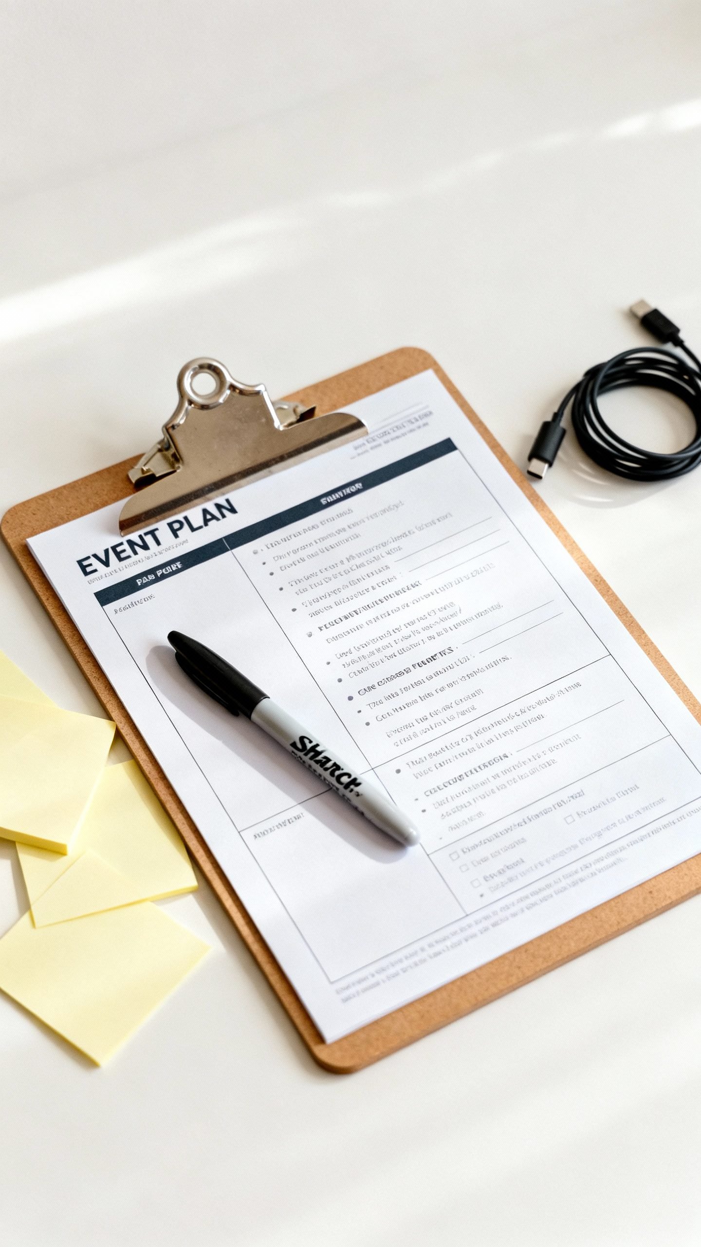 One-page event plan on clipboard; Sharpie, sticky notes, phone charger