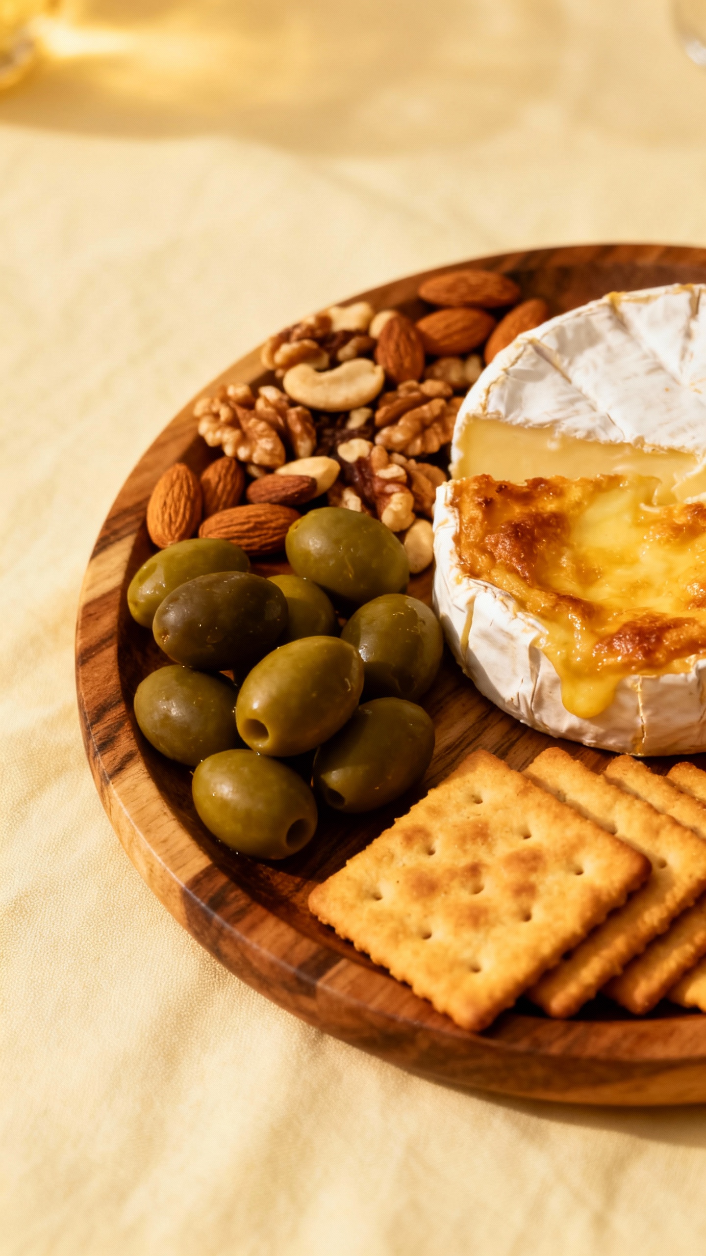Overhead charcuterie board with olives, nuts, crackers, baked brie