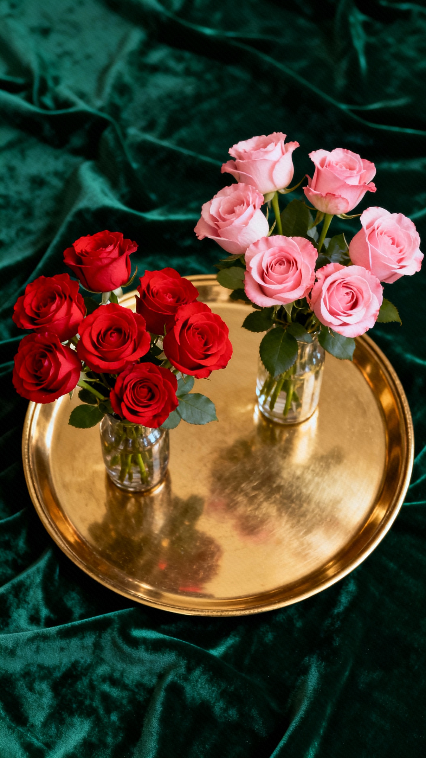 Overhead color-blocked roses in separate vases, red and pink, gold tray, velvet backdrop