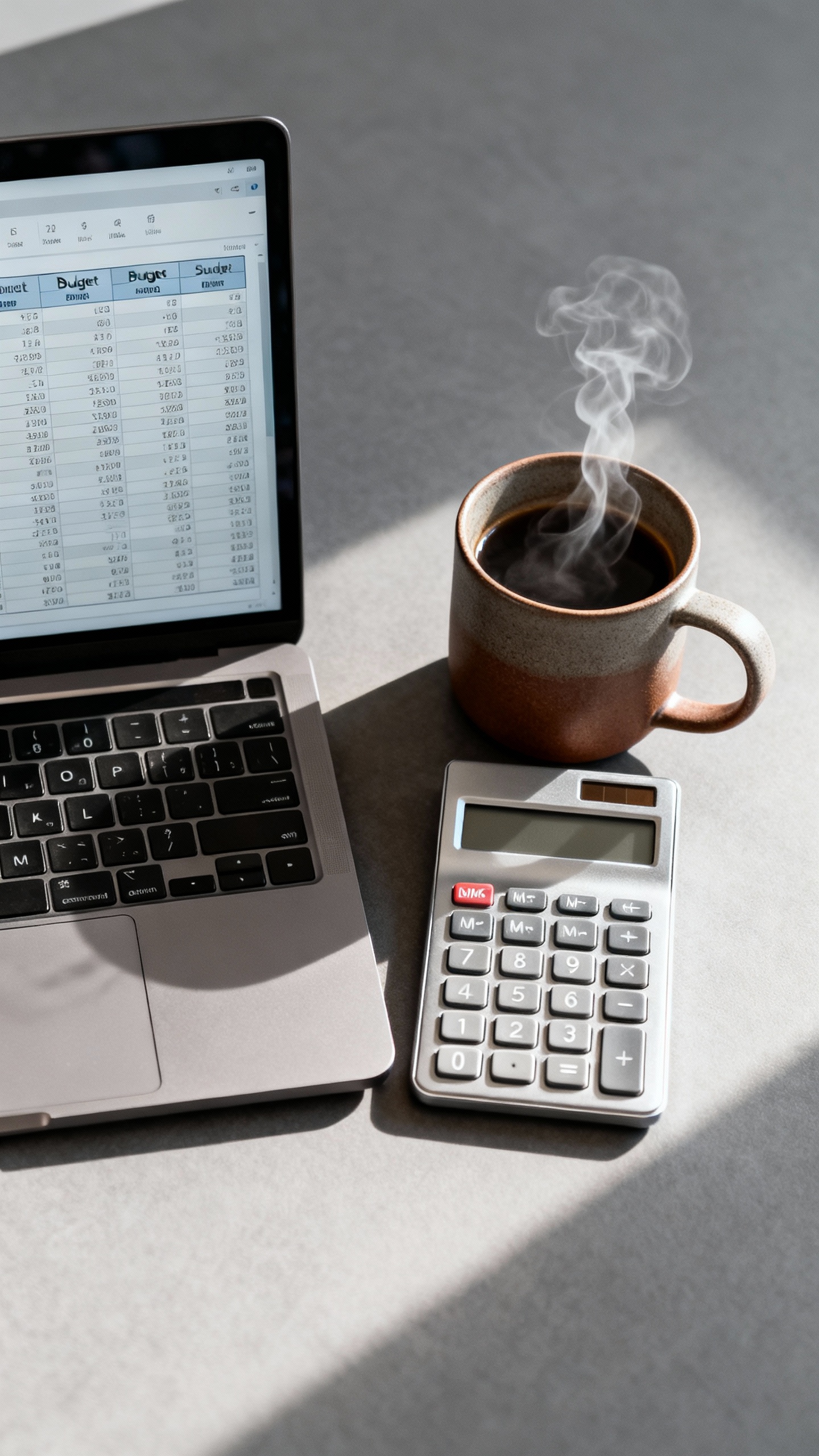 Overhead of budget spreadsheet on laptop beside calculator and coffee