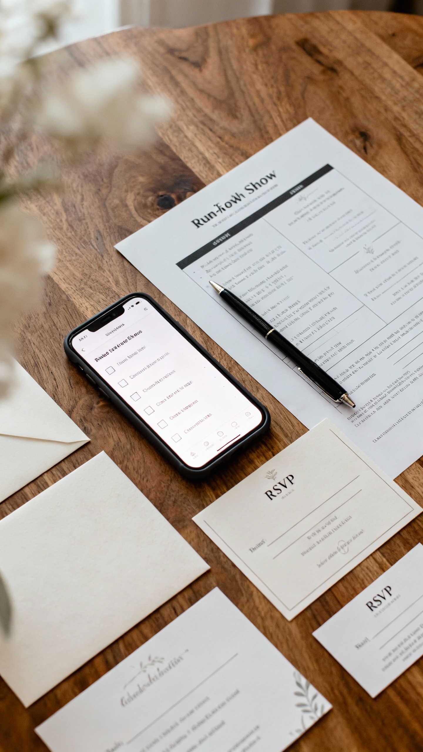 Overhead of checklist on phone screen beside printed run-of-show, pen, paper invitations, and RSVP c