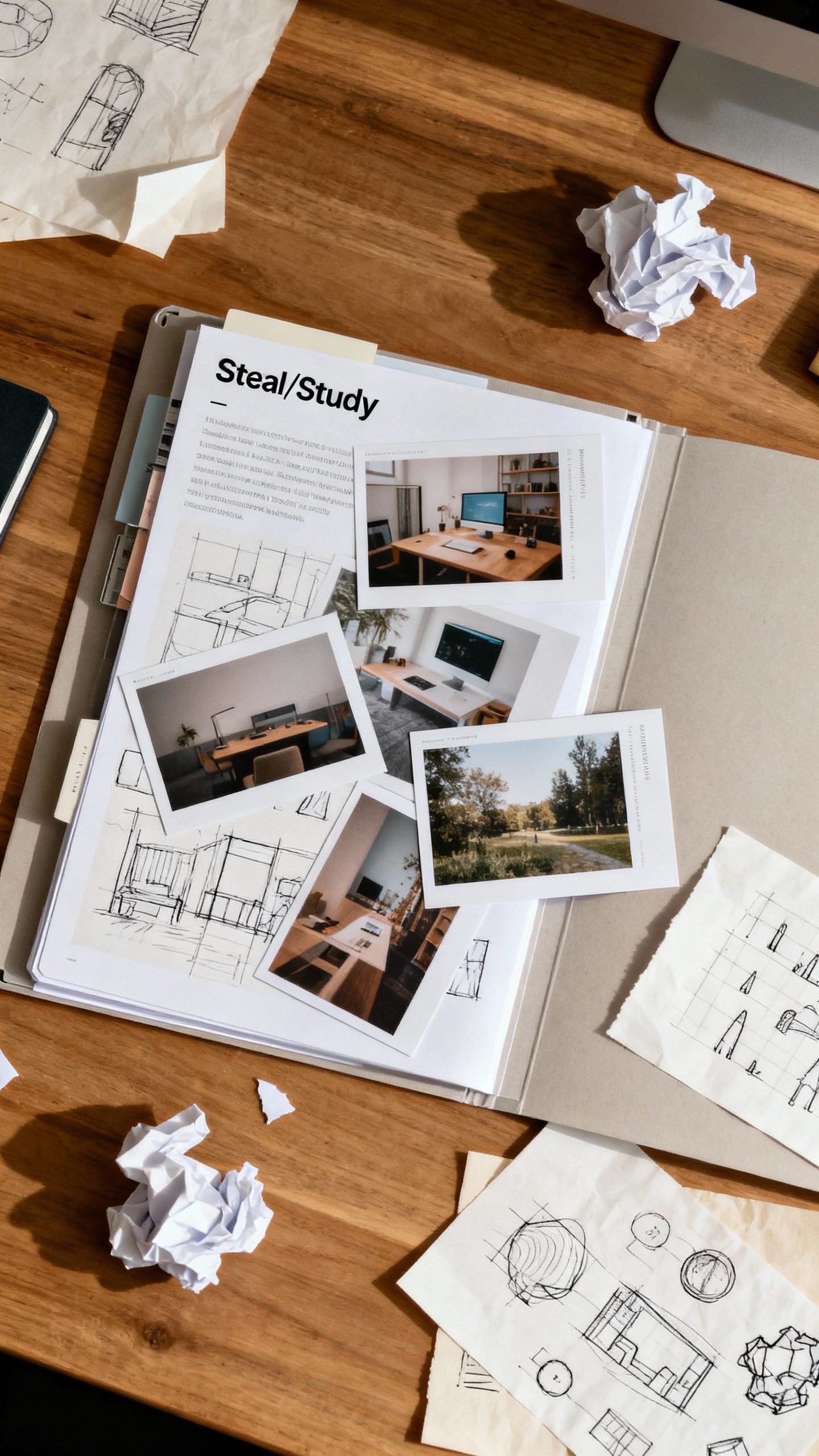 Overhead of open “Steal/Study” folder: screenshots, sketches, paper scraps