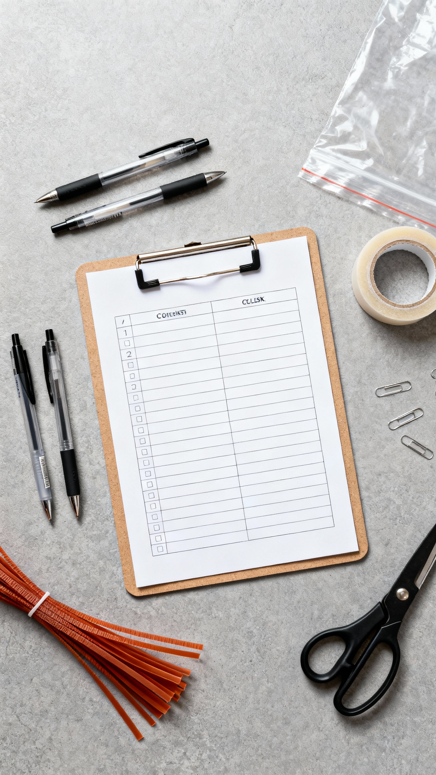 Overhead shot clipboard checklist, pens, tape, scissors, zip ties