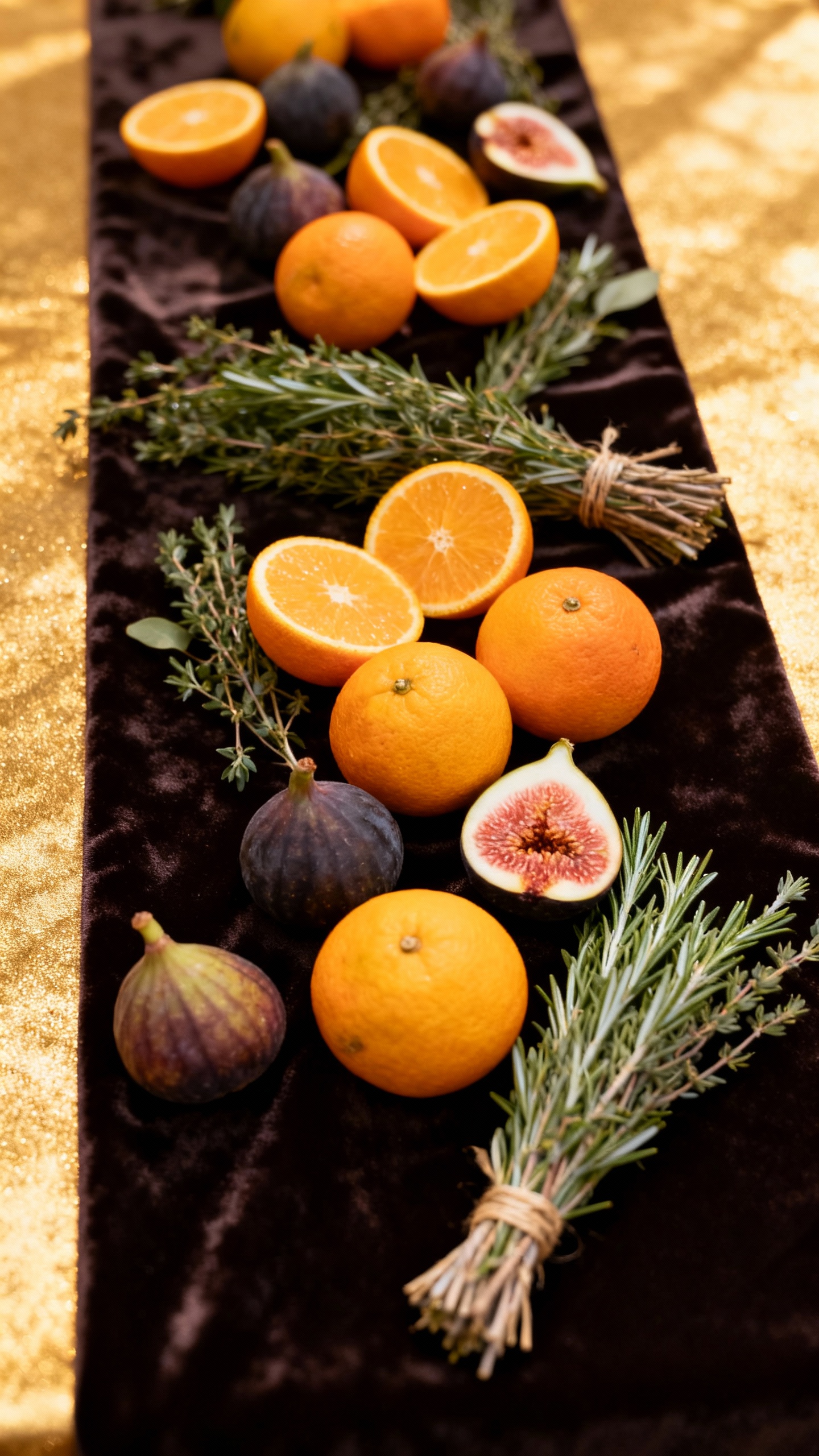 Overhead shot of citrus, figs, and herb bundles centerpiece on velvet runner