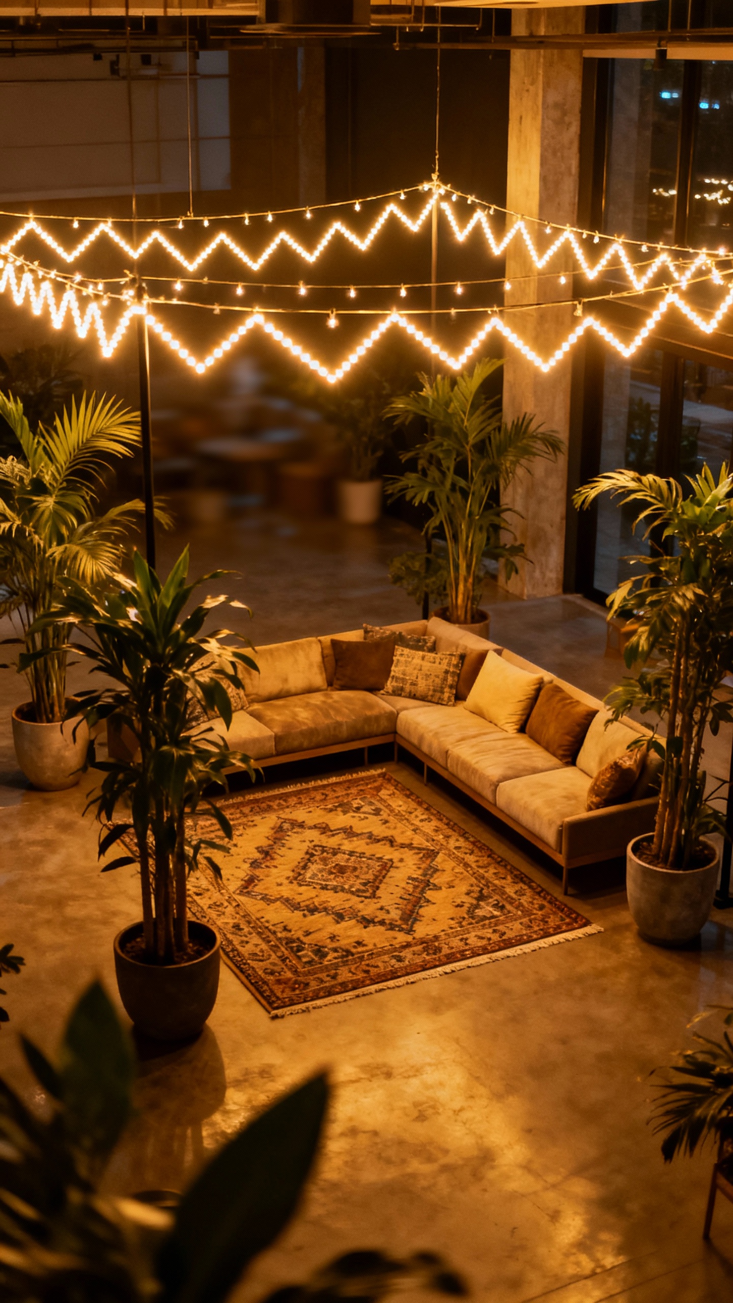 Overhead zigzag string lights above lounge zone, area rug, tall plants