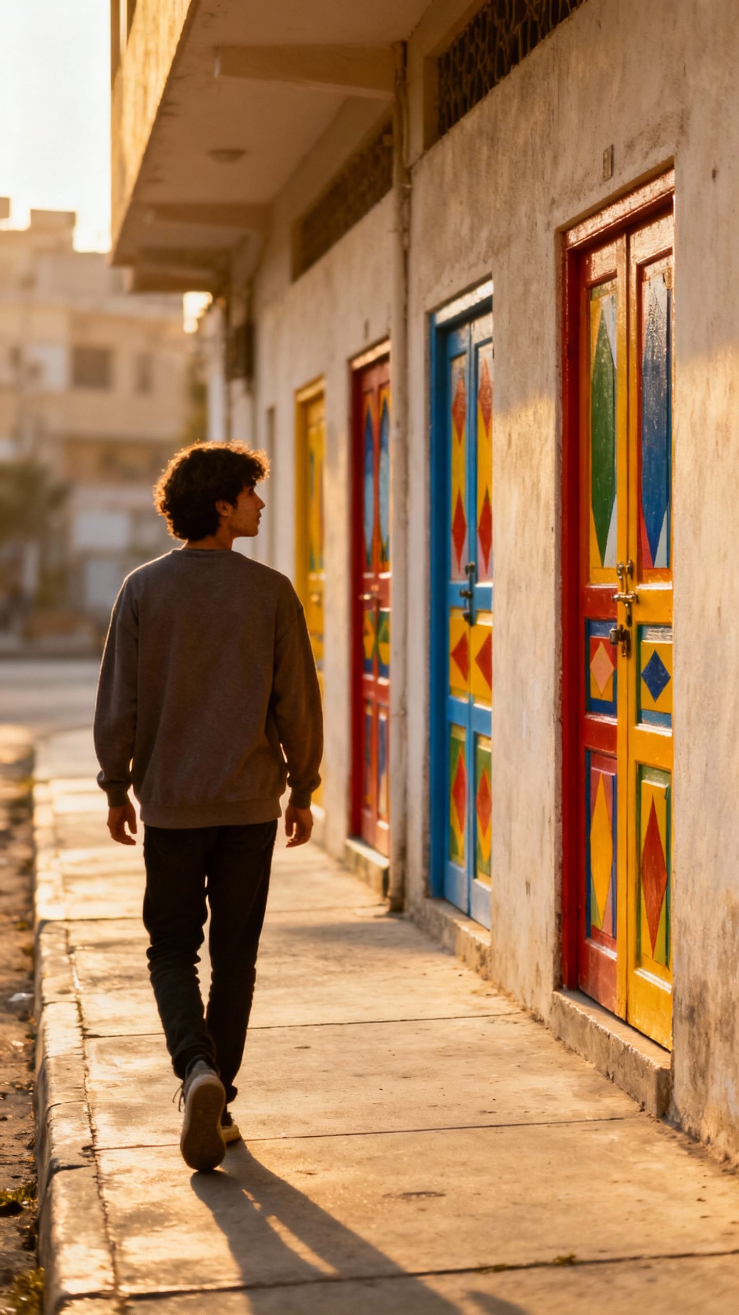 Person walking alone on sidewalk, no headphones, noticing painted doors