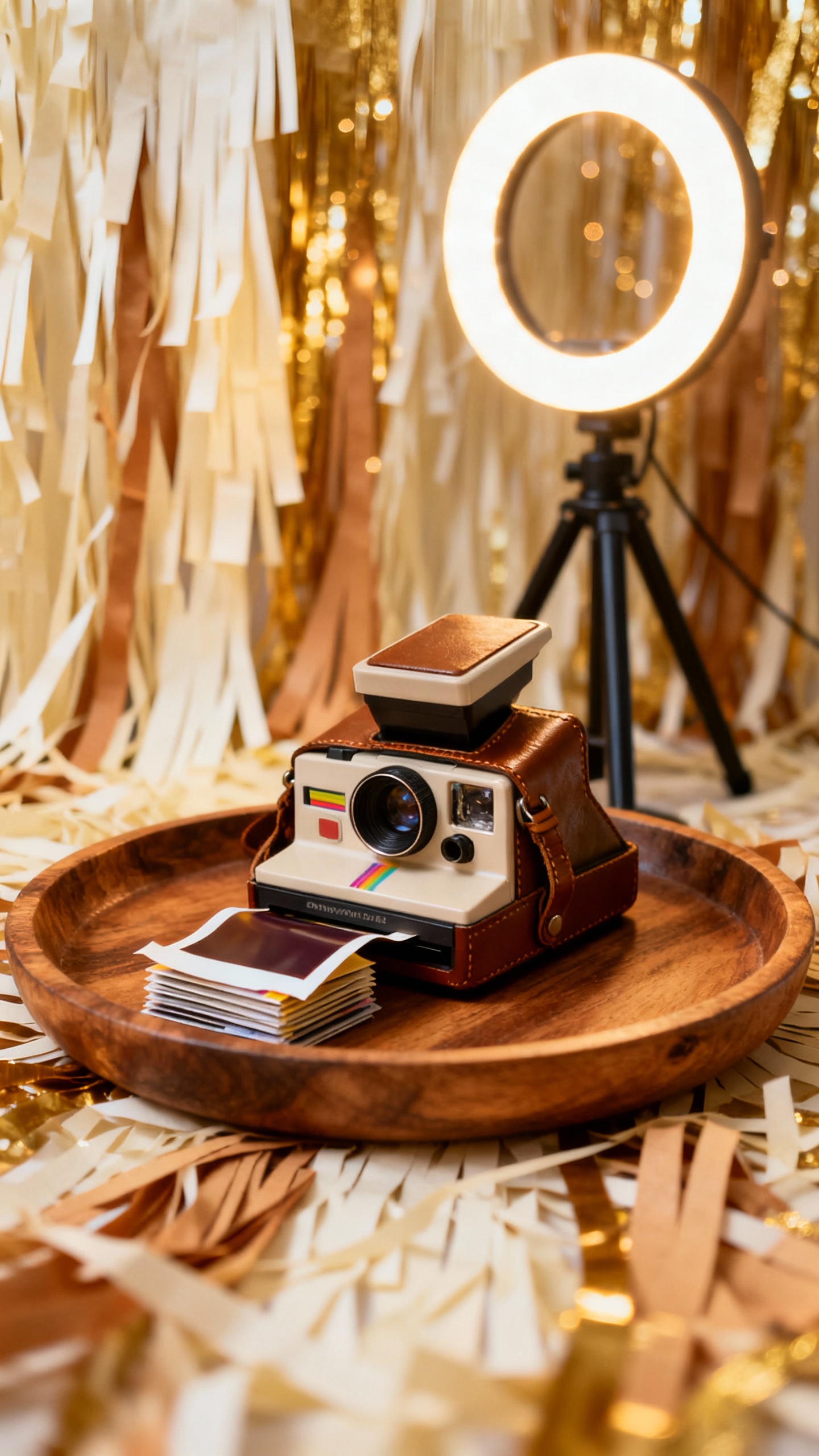 Photo nook corner, textured paper fringe backdrop, tripod ring light glowing, vintage tray with Pola