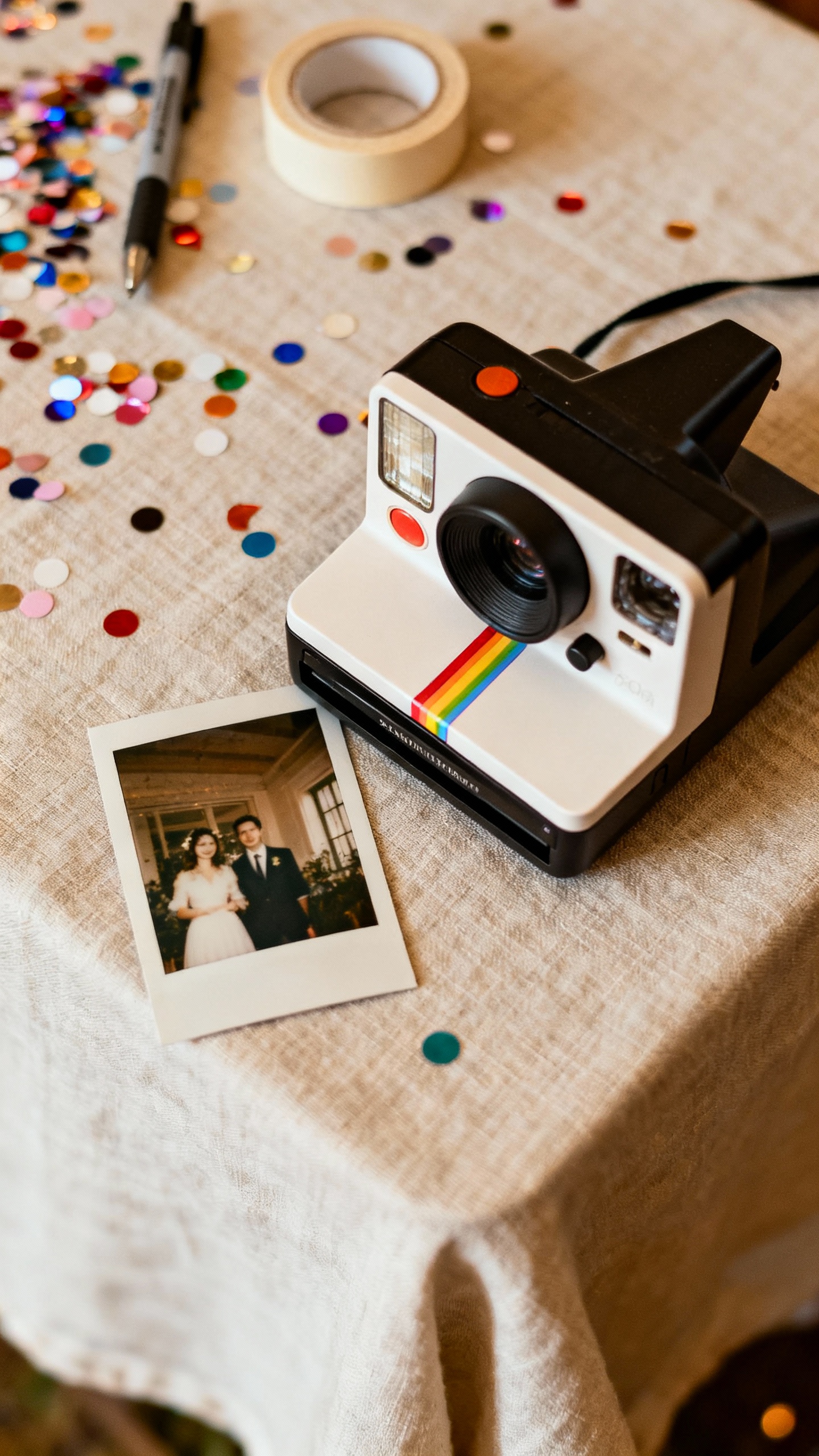 Polaroid guest book scene: instant camera, fresh photo, washi tape, pen, confetti on linen tableclot