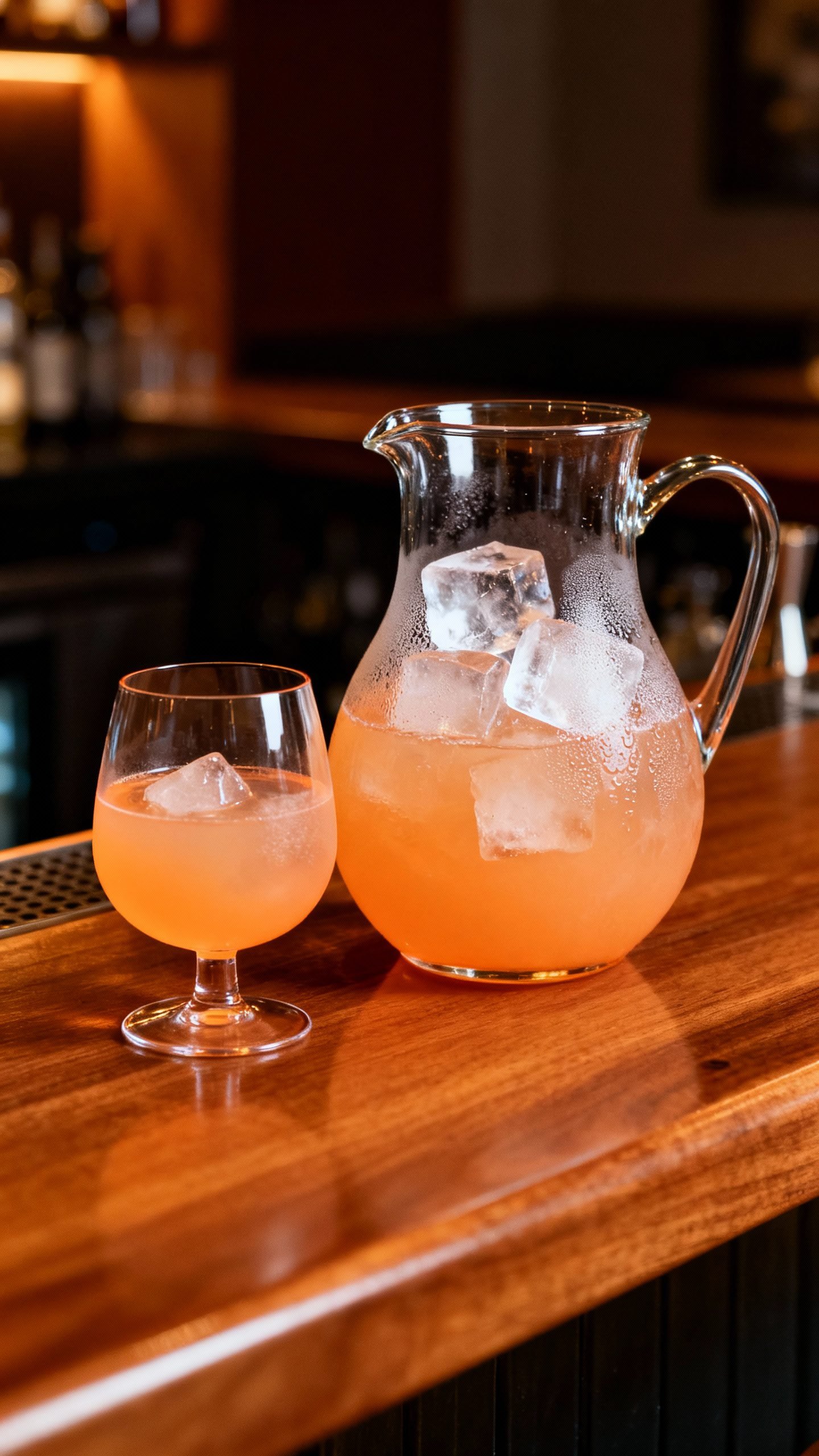 Self-serve bar station with pitcher cocktail, big ice cubes, matching glassware