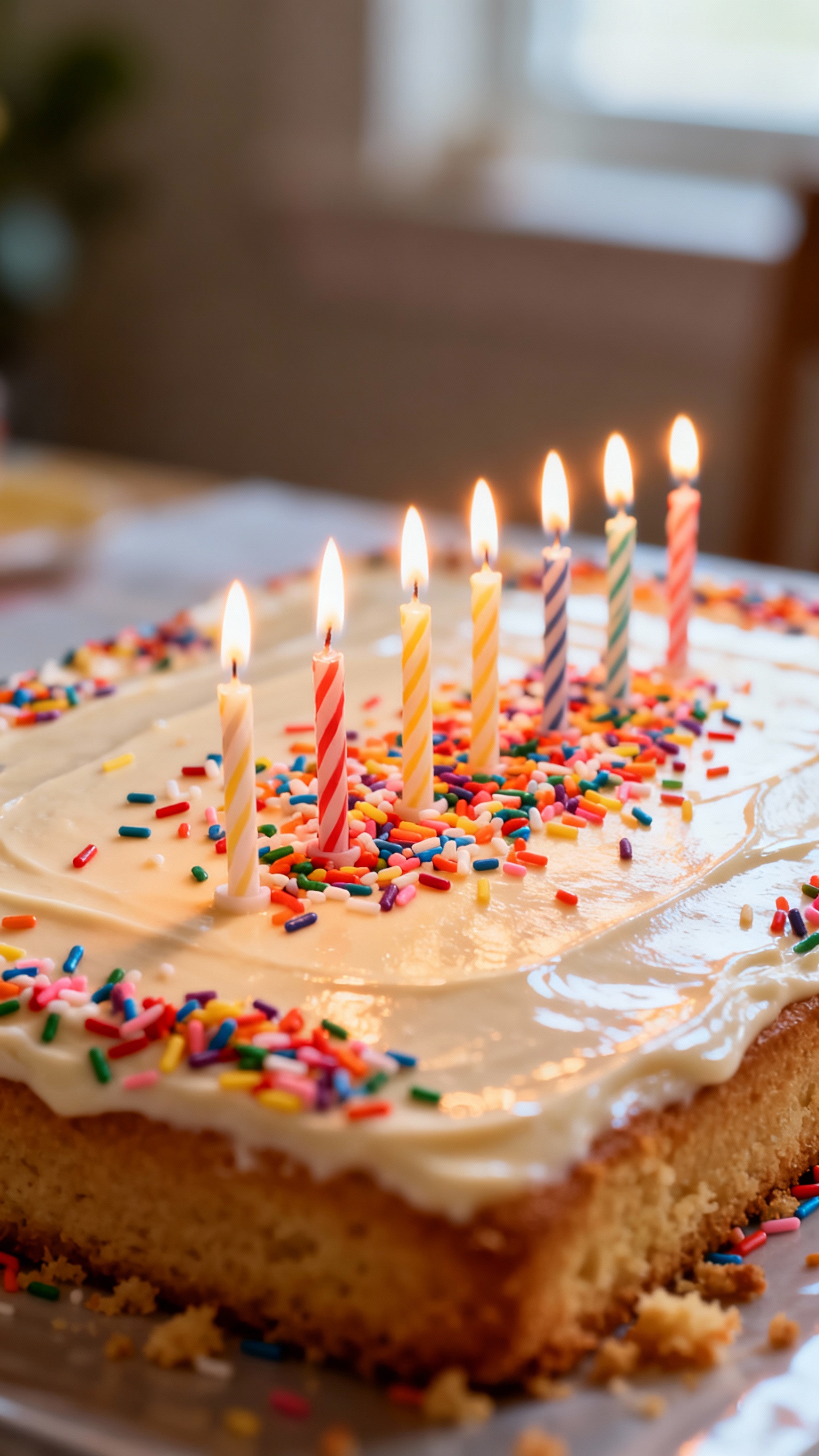 Sheet cake closeup with colorful sprinkles and candles