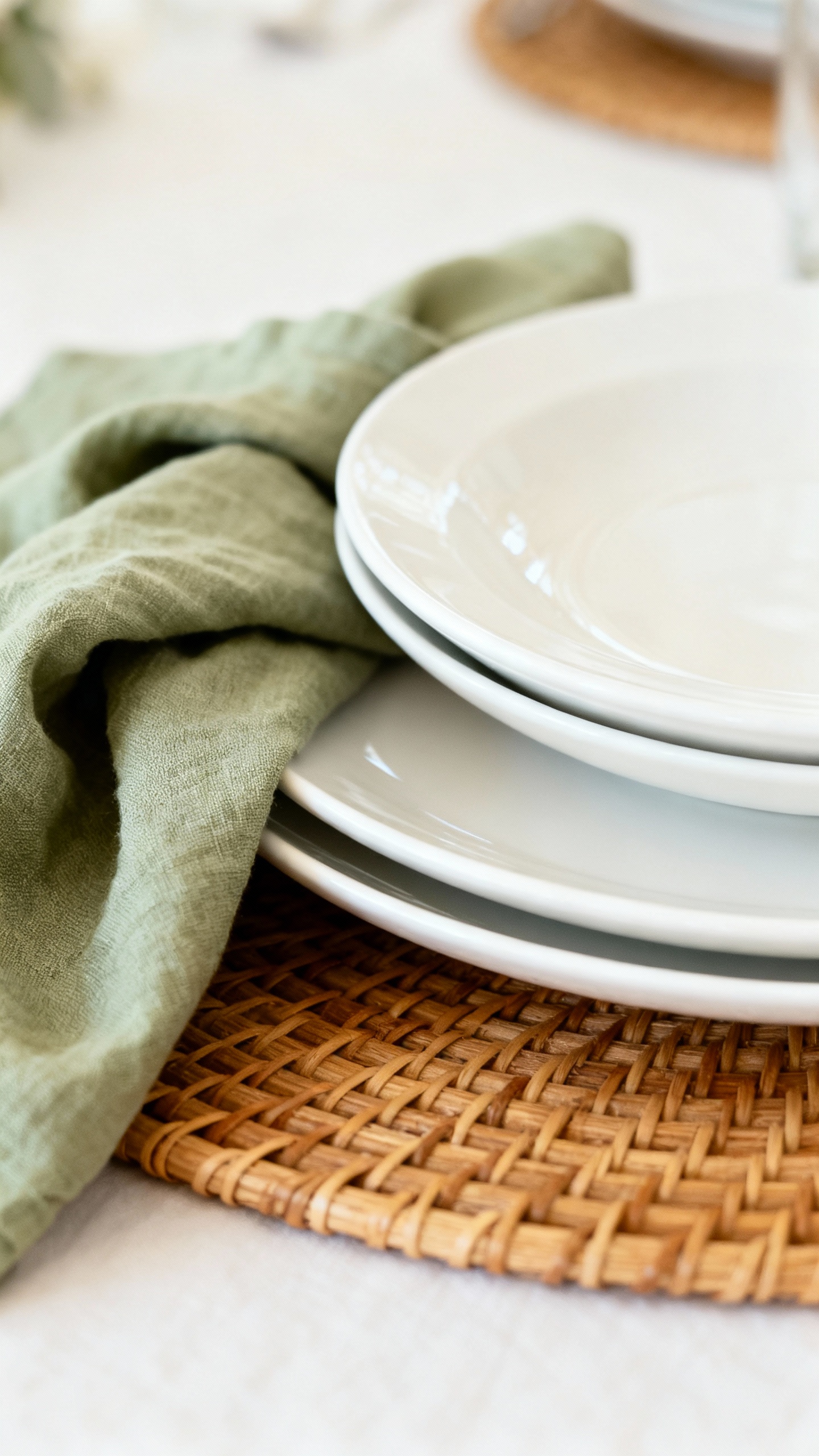 Stacked white dinner and salad plates with sage linen napkin and rattan placemat