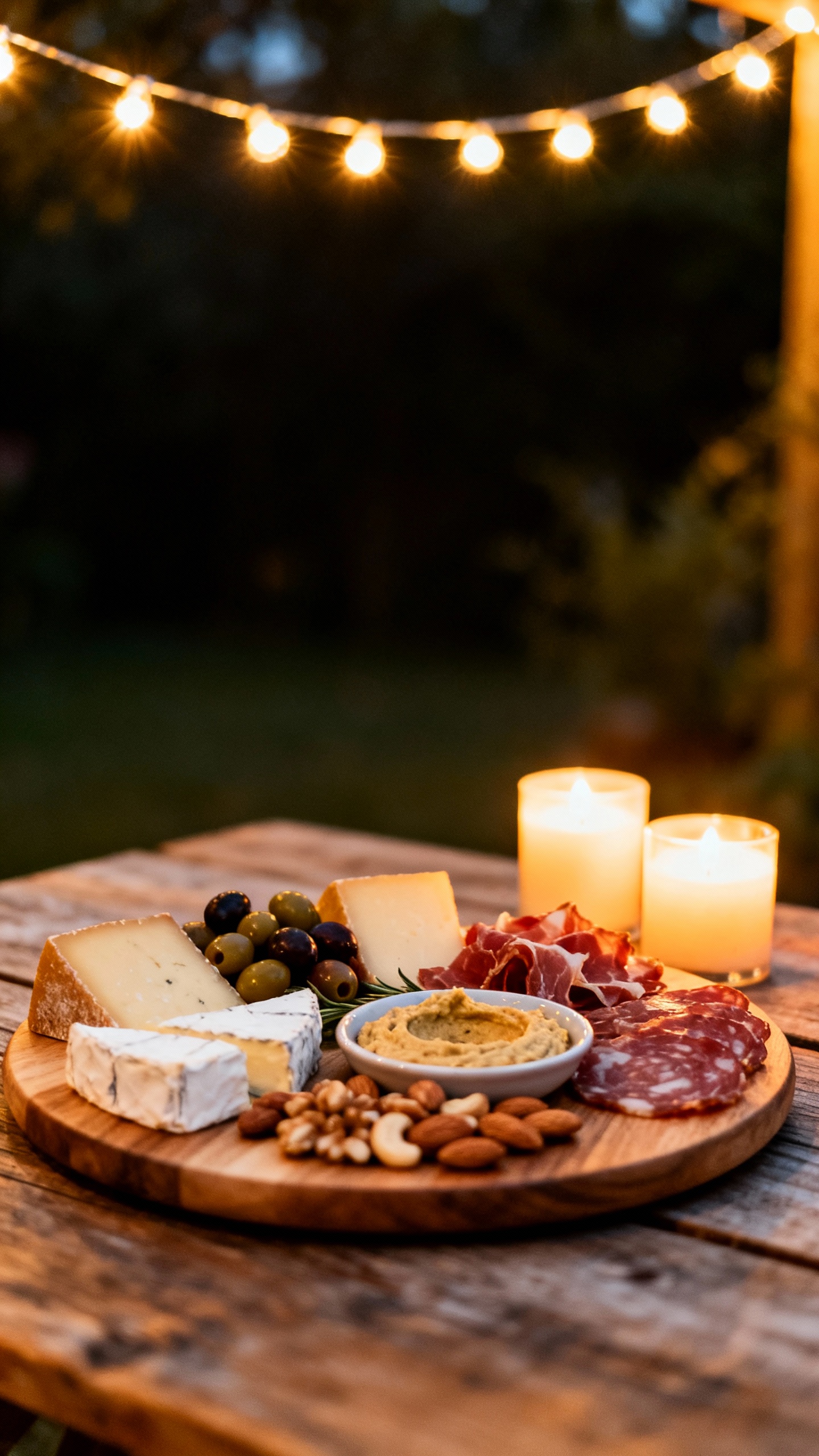 String lights over grazing board: cheeses, olives, cured meats, hummus, nuts, rustic wooden table, s
