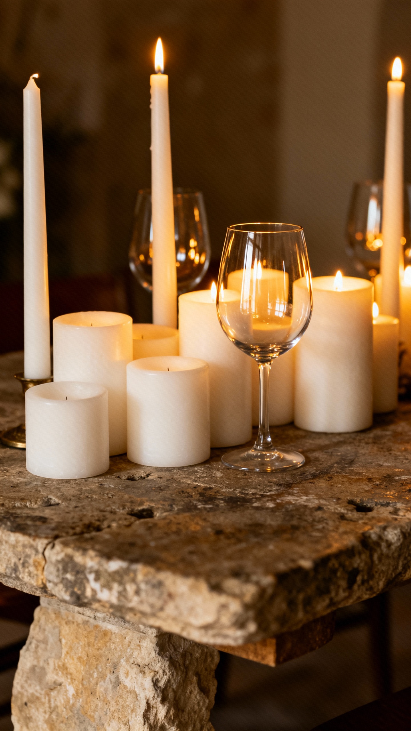 Tall white taper candles and pillar cluster on stone table, warm uplighting, glassware reflections