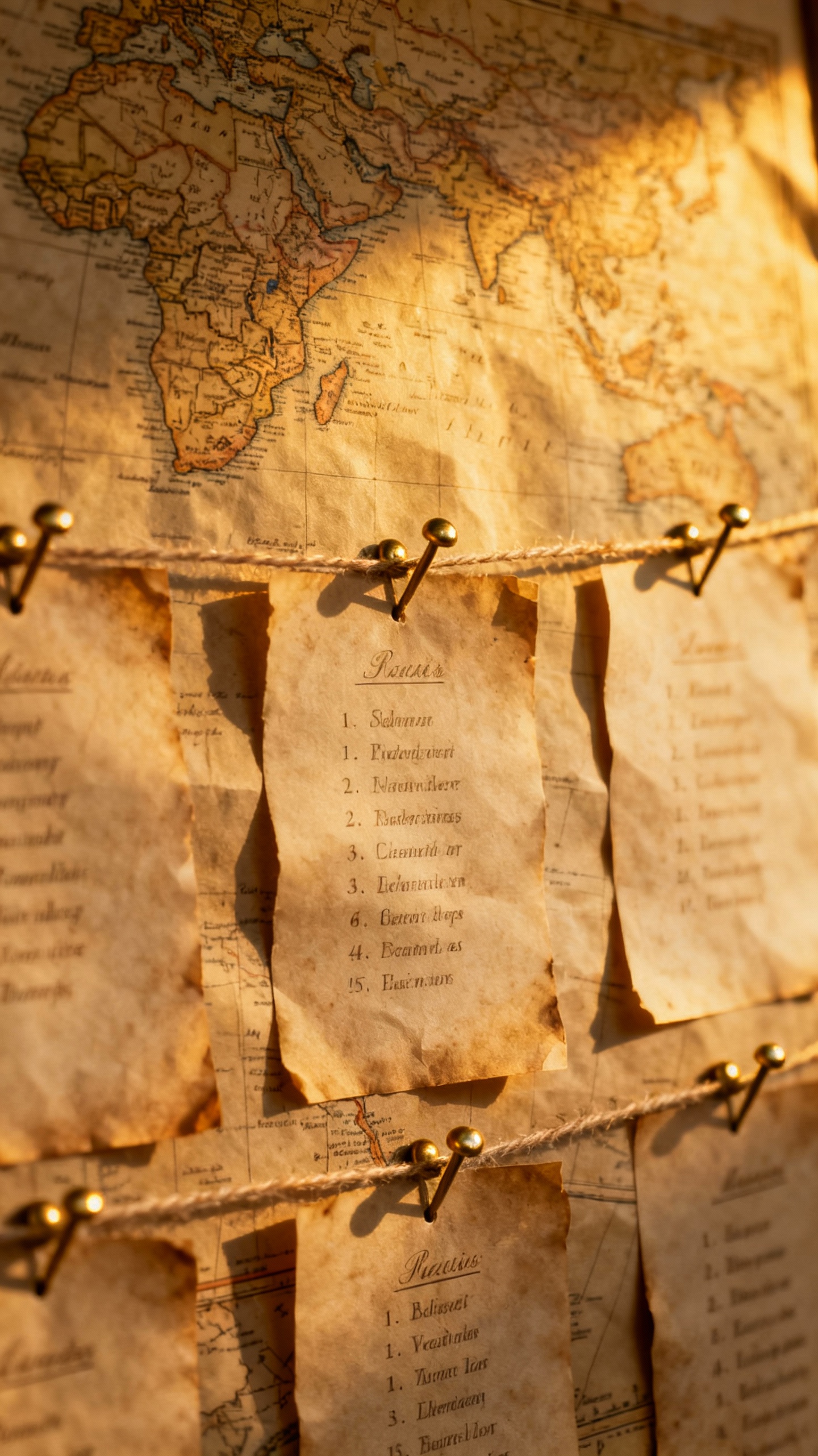 Vintage map seating chart detail, brass pins and string, warm light, textured paper
