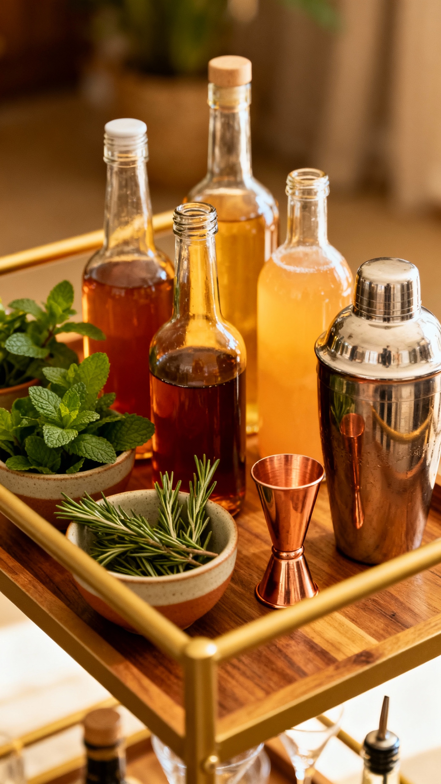 Warm-lit bar cart with spritz station, labeled syrups, herbs