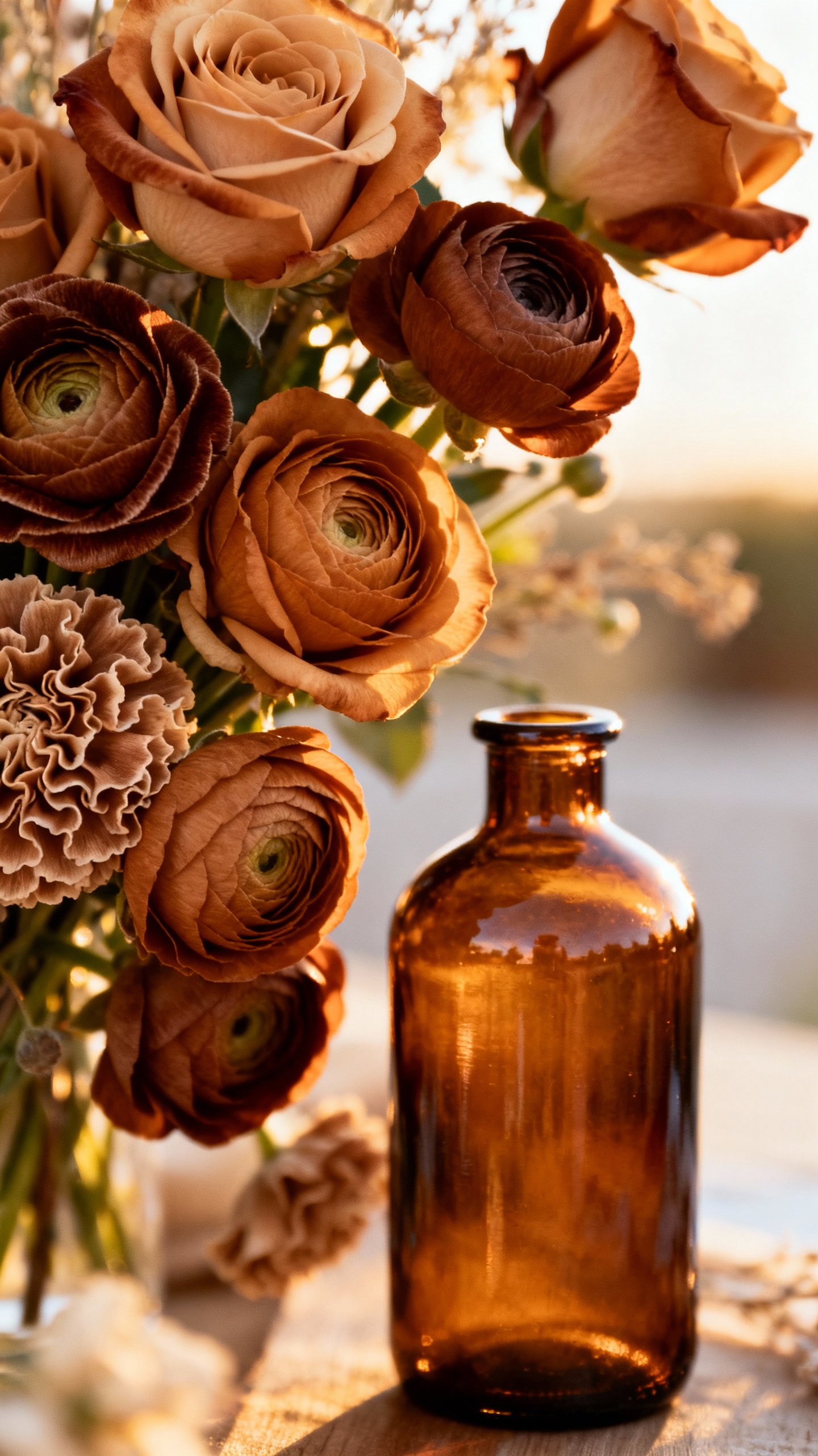 Warm-lit bouquet bar detail: toffee roses, cappuccino ranunculus, amber bottles