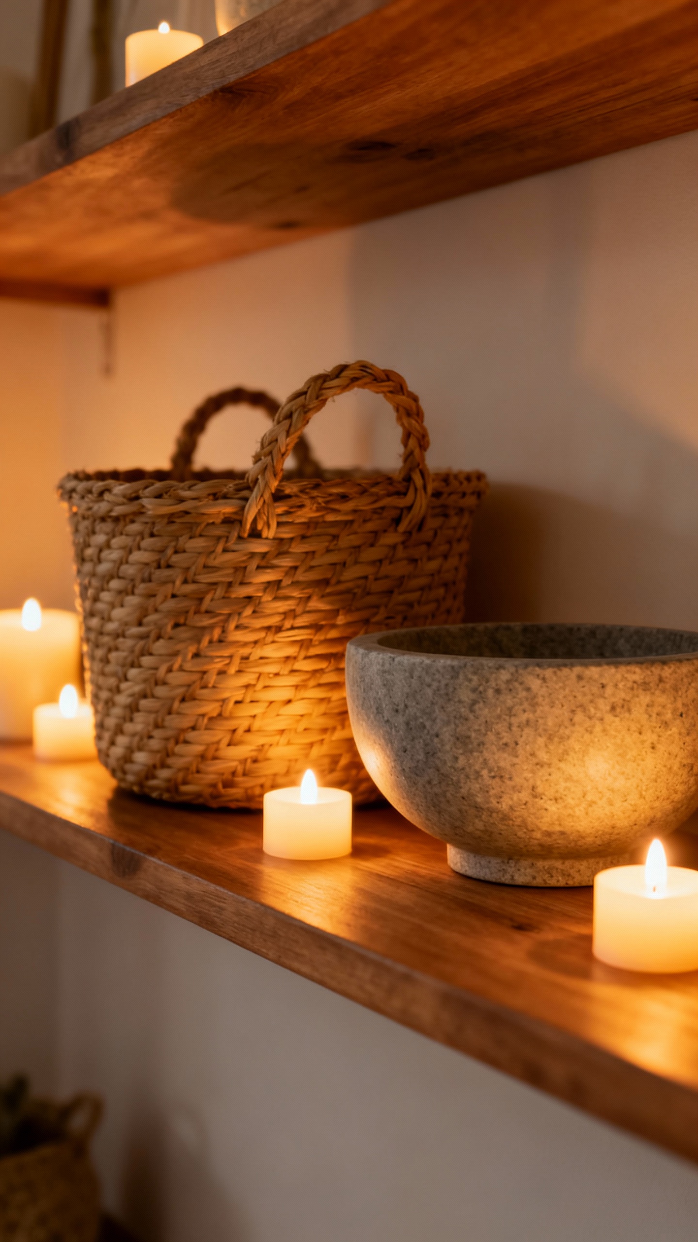 Warm-lit shelf styling: woven basket, stone bowl, LED candles