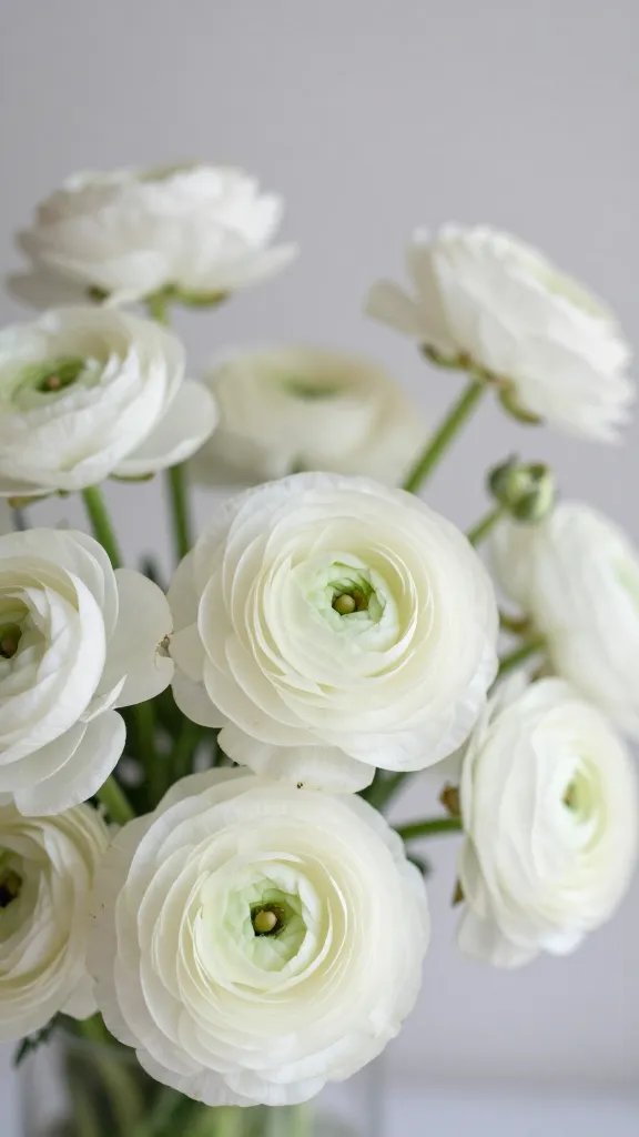 closeup of a minimal modern bouquet with white ranunculus