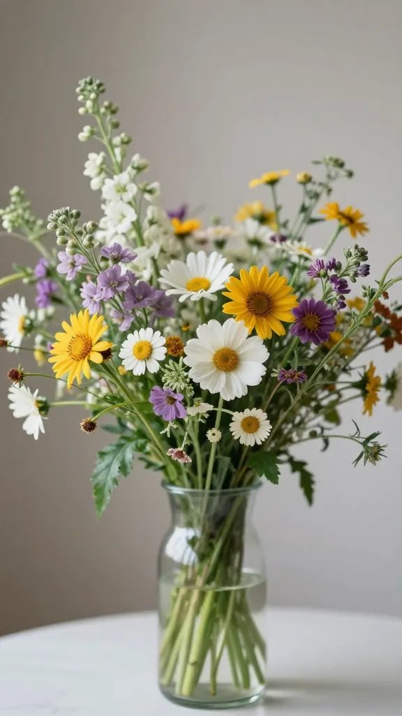 focused shot of dreamy boho wildflower arrangement in a glass vase