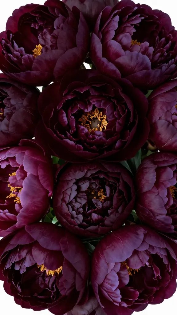 tight frame on bold dramatic bouquet with deep jewel-toned peonies