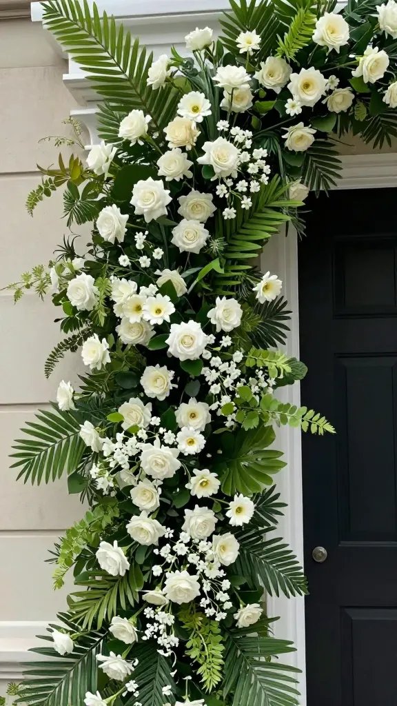 Closeup of a single lush floral arch detail at the entrance