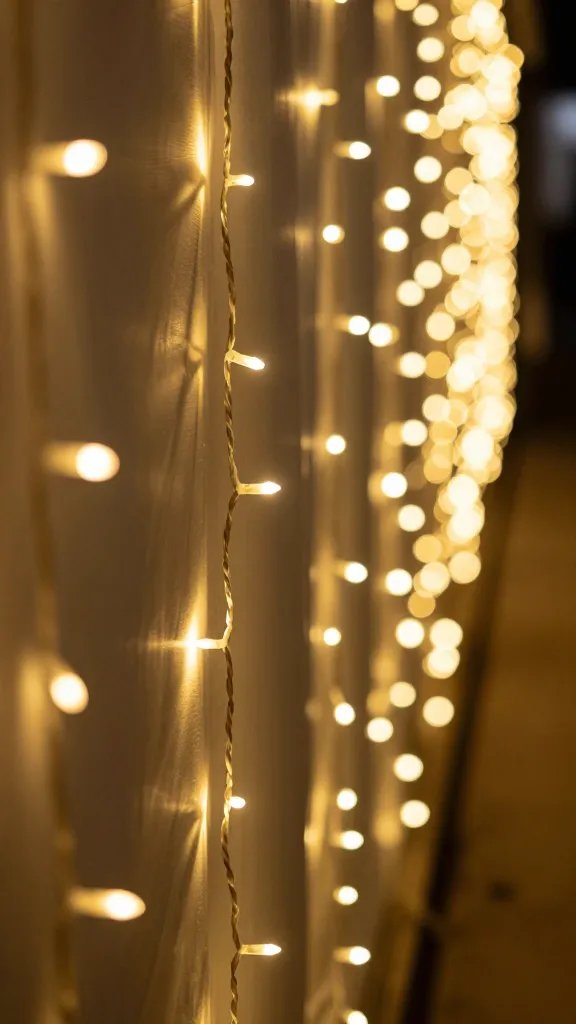 closeup of warm fairy lights along an aisle