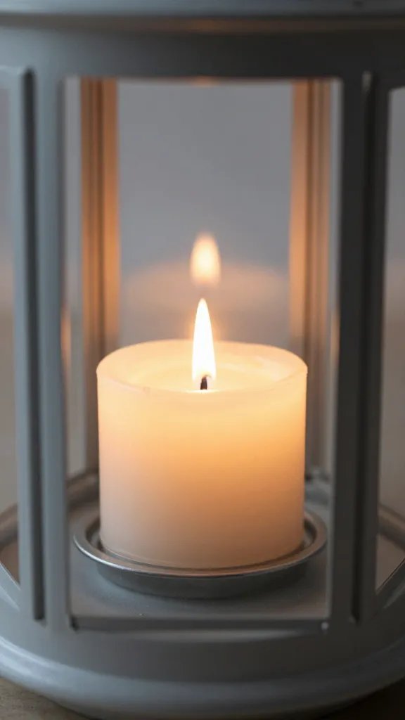 macro shot of vanilla-scented candle in hurricane lantern