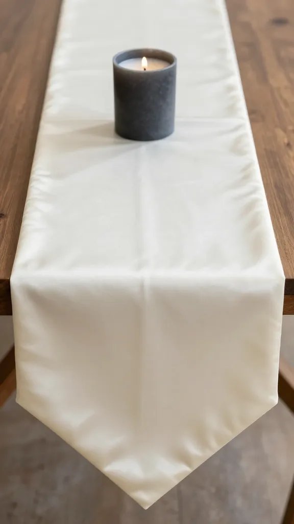 closeup ivory satin table runner with single charcoal candle
