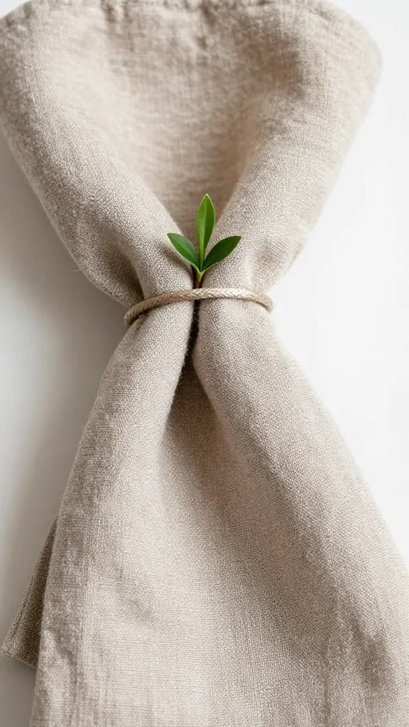 closeup taupe linen napkin knot and tiny green sprig
